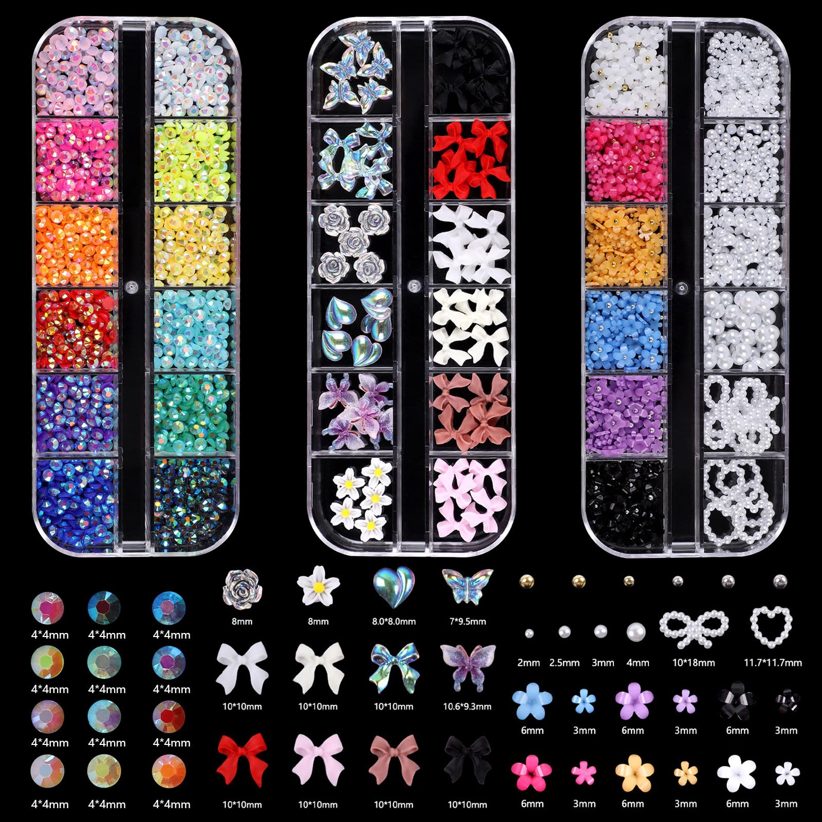 Solivive Lot de 7 Boîtes Strass Ongle Nail Art avec Bijoux Ongles, Nail Art Décorations 3D- avec Stylo à Cire pour Strass et Pinces à épiler