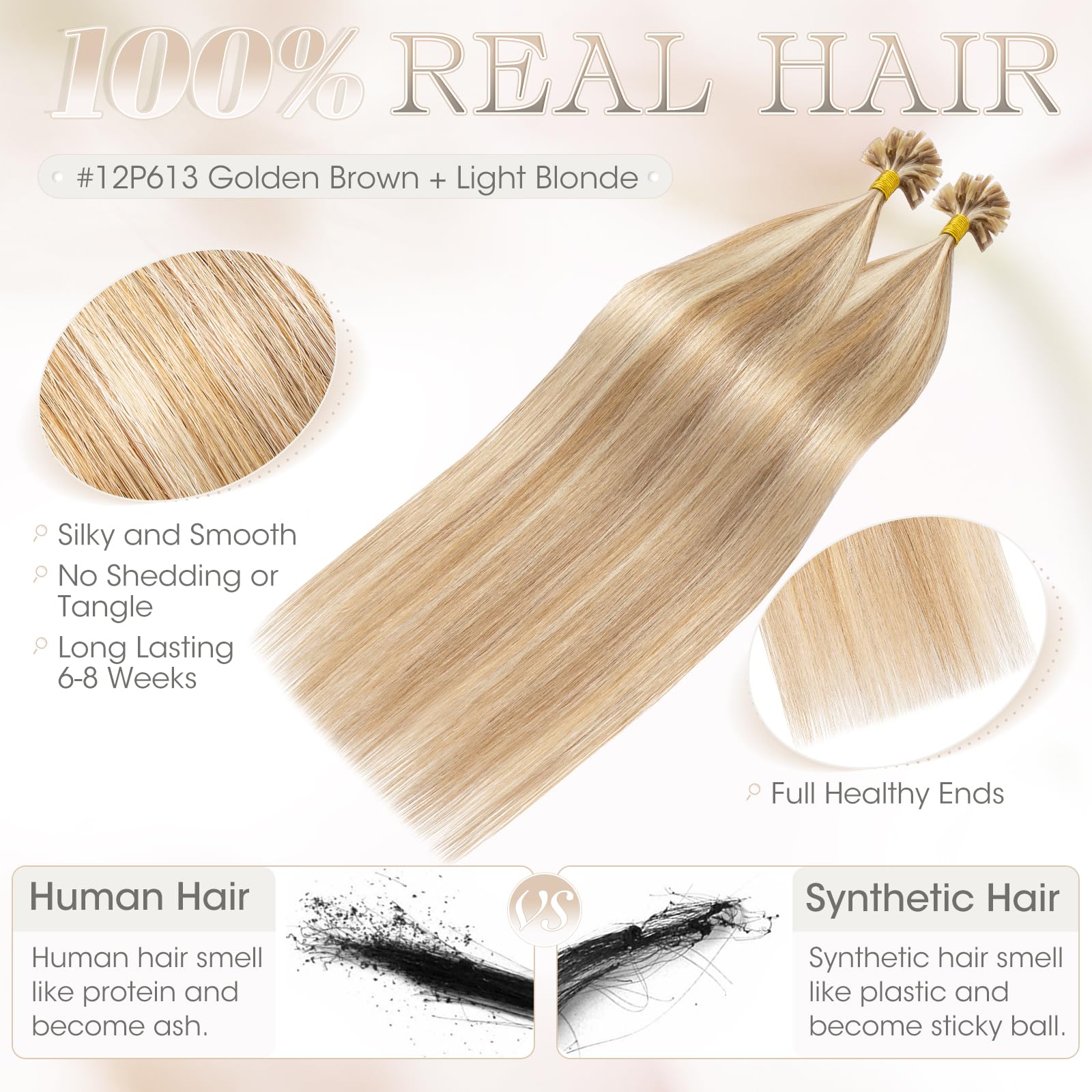 Elailite Extensions Echthaar Bonding 1g/s 45cm #12P613 Weissbraun/Hellblond U Tip Hair Extensions Haarverlängerung Keratin 100 Strähne 100g
