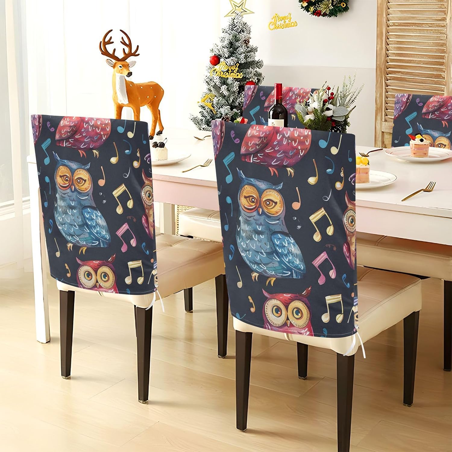 ALAZA Owl Music Notes Chair Back Cover Set of 6, Washable Reusable Removable Chair Slipcovers Decorative Chair Cover for Home Kitchen Wedding Party