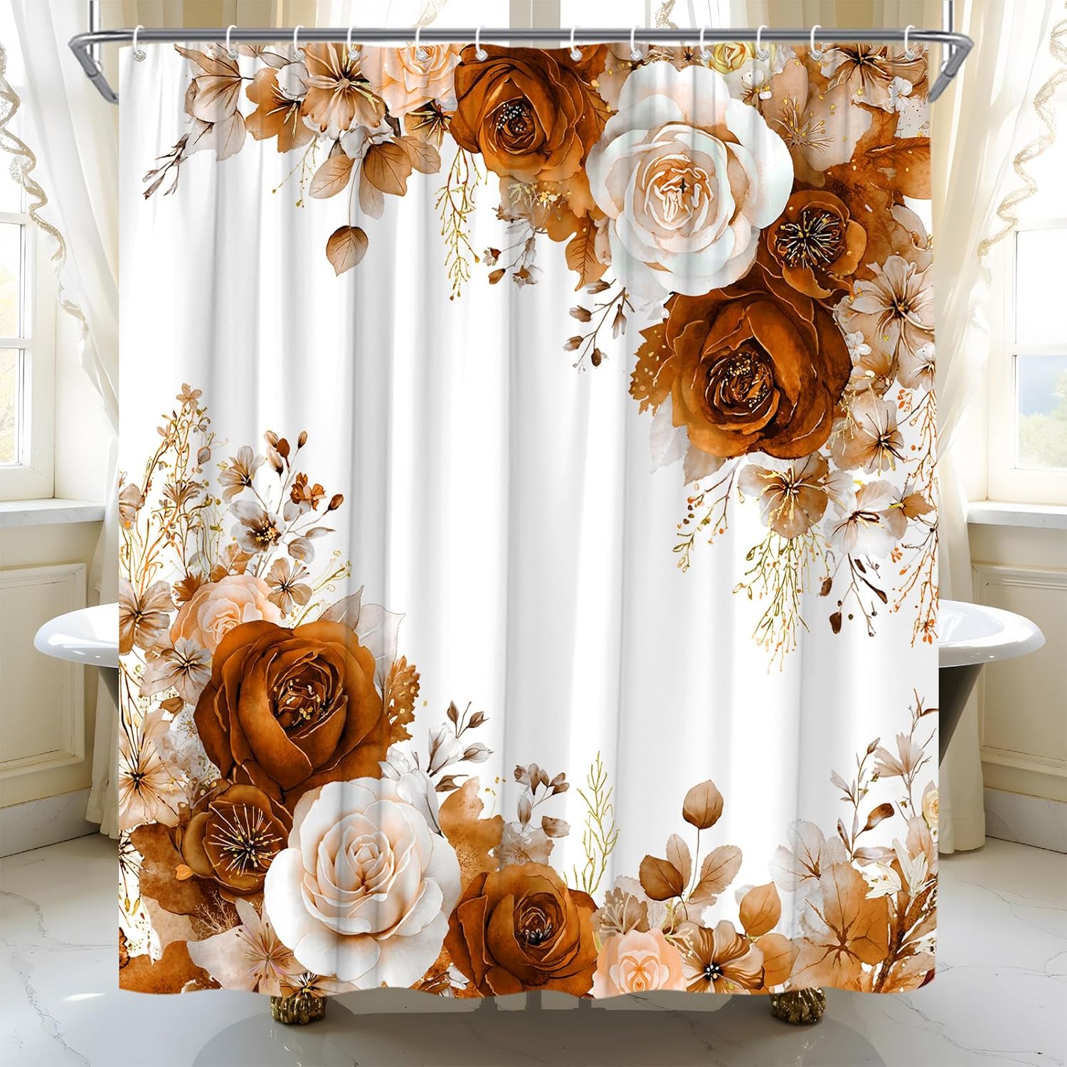 Navy Blue Floral Shower Curtain Cute Rose Flower Spring Eucalyptus Leaf Girls Watercolor Plant Botanical Fabric Bathroom Decor Set with Hooks,(70" Wx78 H)