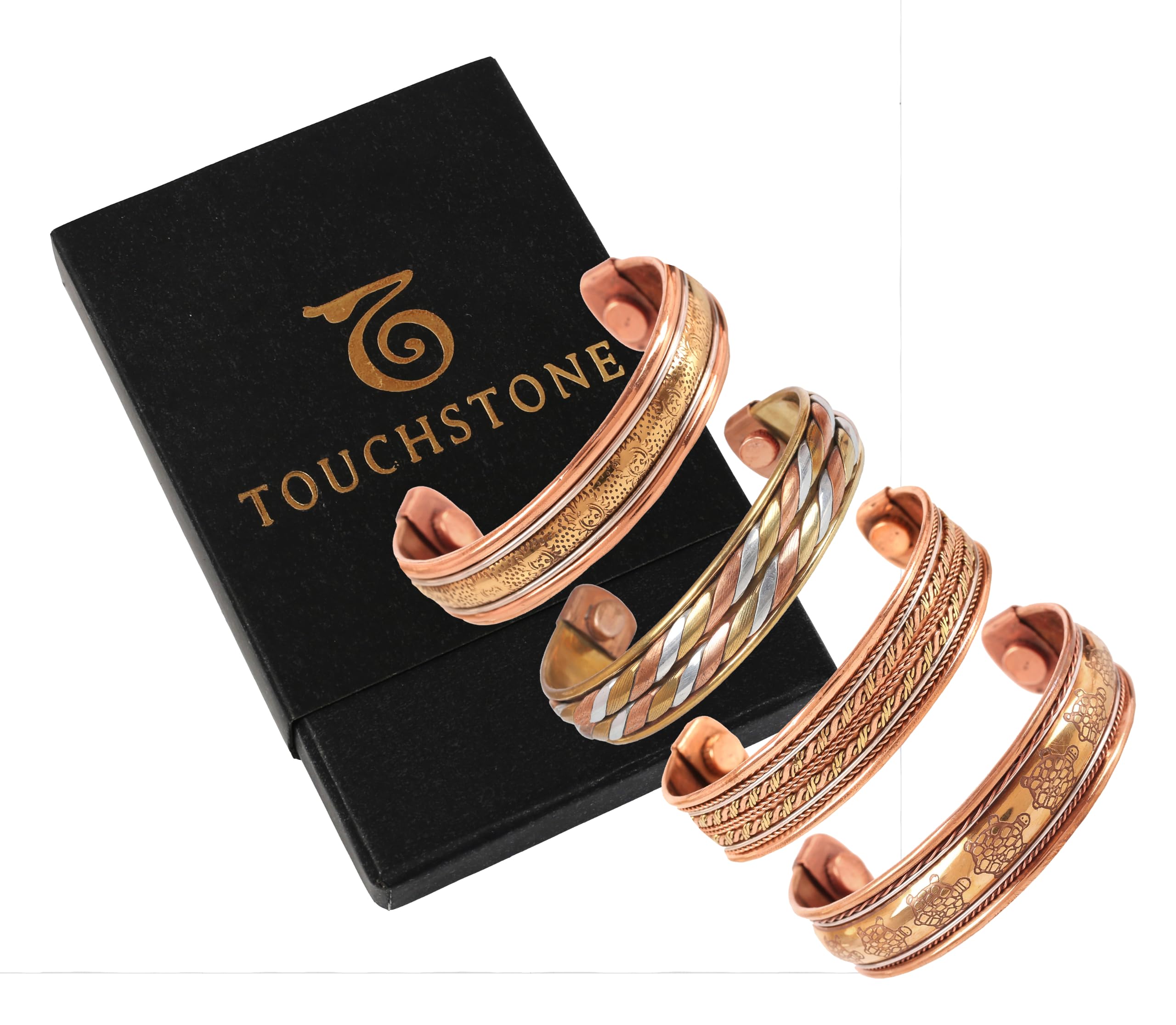 Touchstone Copper magnetic healing bracelet Tibetan style. Hand forged with solid and high gauge pure copper. Set of 4 different designs in 3 metals