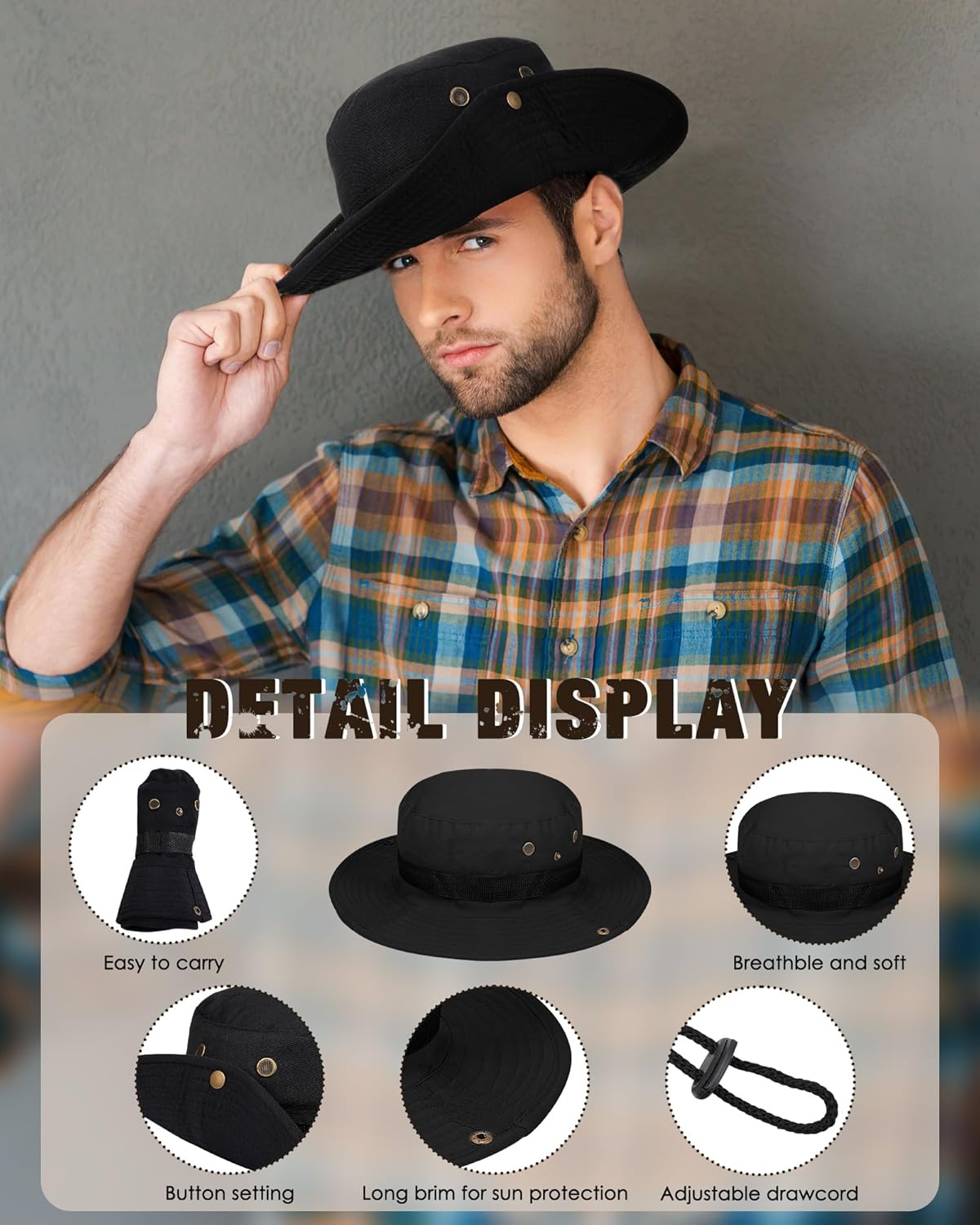 10 Pcs Wide Brim Boonie Hat Bucket Hats Camo Solid UV Sun Protection Fishing Hat for Men Women Hiking Safari Hunting - Image 3