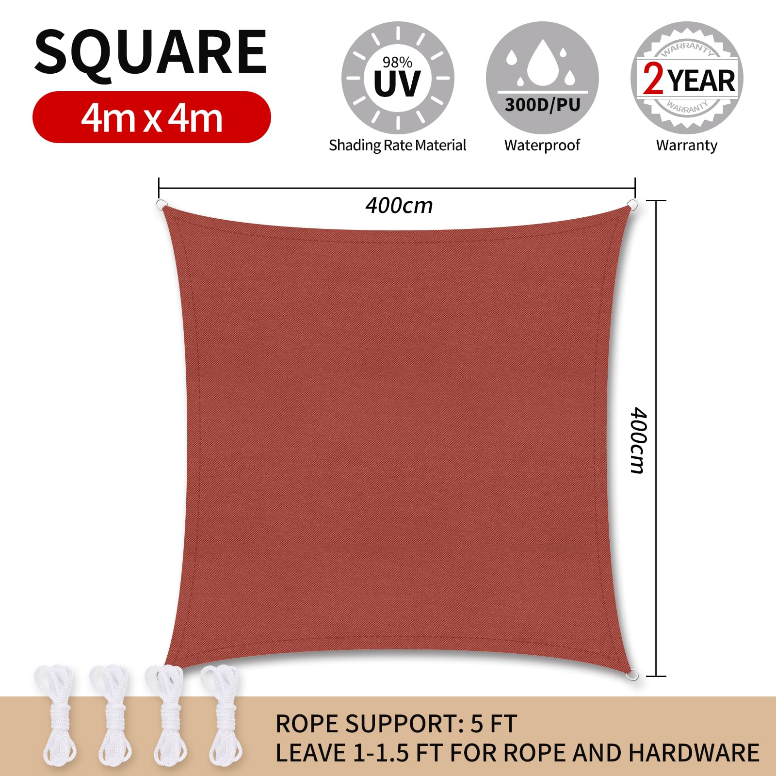 RICHIE Sun Shade Sail 4m x 4m Square Waterproof, 98% UV Block Awnings for Patios with Free Rope Sunscreen Awning Canopy - Image 2