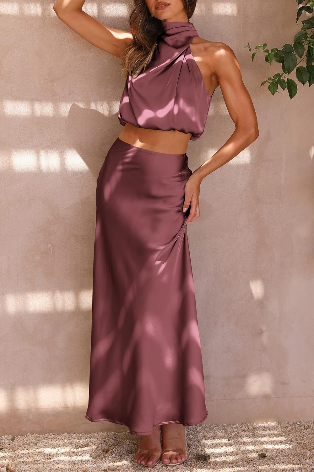 PRETTYGARDEN Women's 2 Piece Satin Outfits Summer Sleeveless Mock Neck Crop Tops and Long Skirt Dress Sets - Image 2