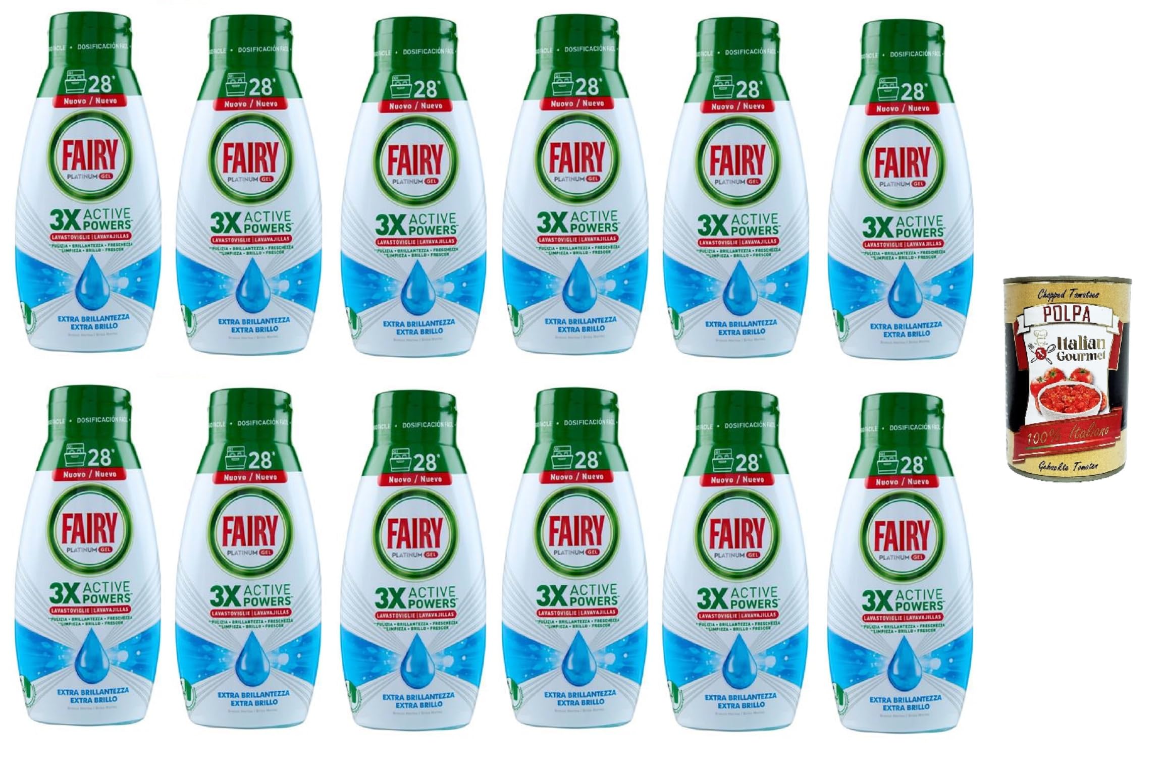 Italian Gourmet Gel lavastoviglie Platinum Extra Shine Spülgel 12 x 504ml | Profumo brezza marina, stoviglie brillanti; gegen Fett, für Maschine, 28, Gesamtnettogewicht 6,048 L + Kostenlos Polpa 400g