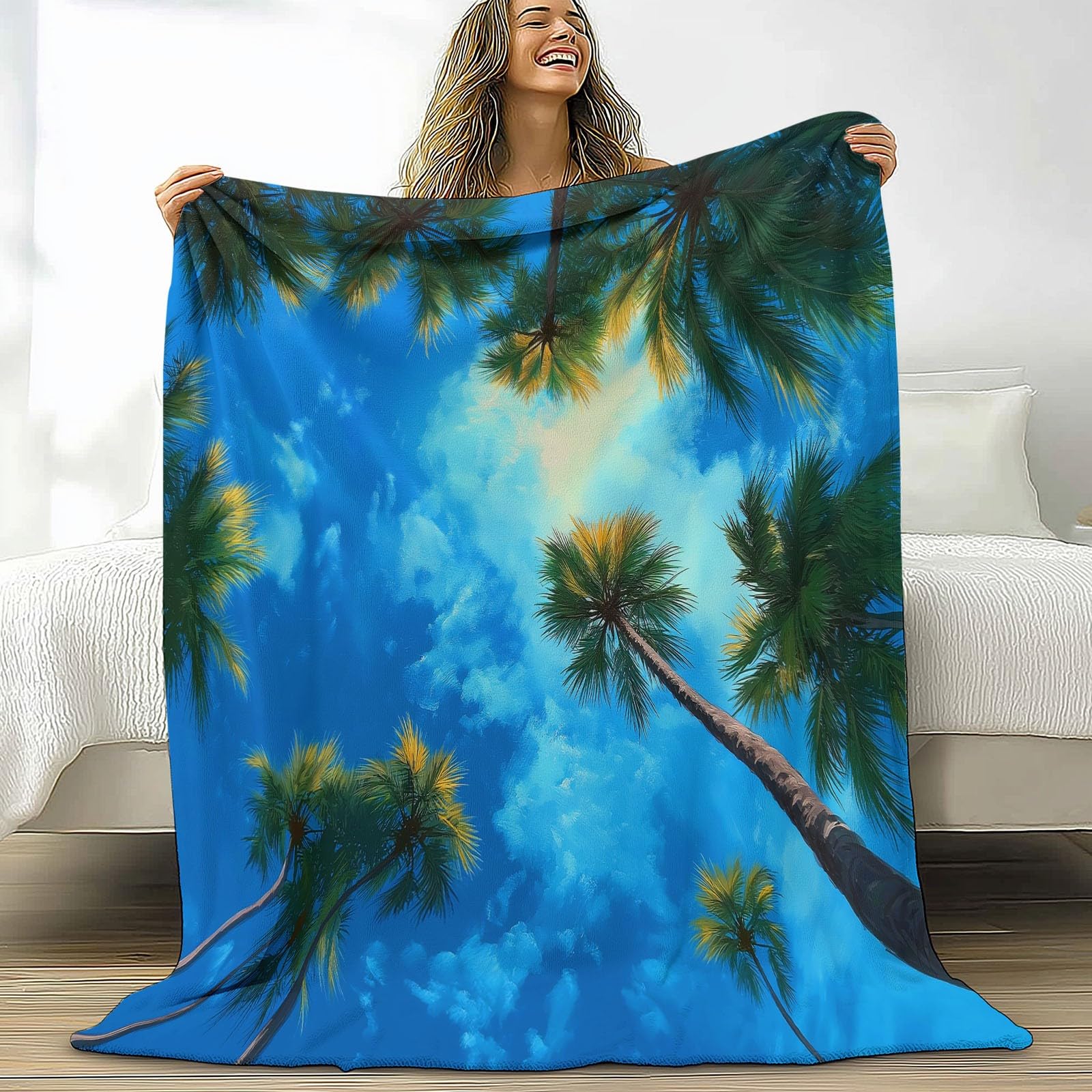 Coperta Plaid Pile in Flanella 180x220 cm Coperta Pile Piccola Tropicale Palme Cielo, Morbida Soffice Calda Coperte per Divano Singolo Matrimoniale Letto Blu