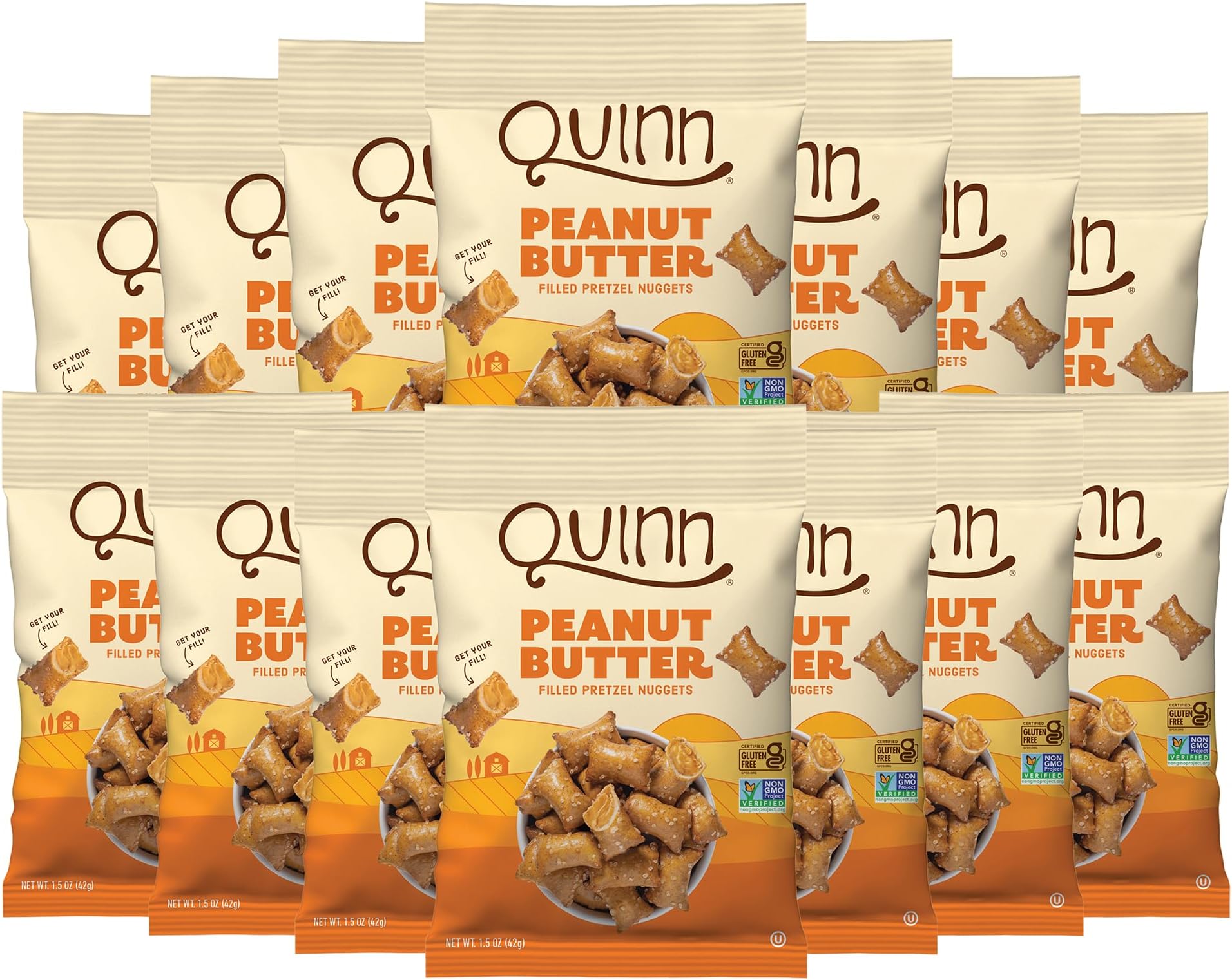 Quinn Creamy Peanut Butter Filled Pretzel Nuggets - Made with Real Ingredients, Whole Grain Sorghum, Sea Salt, Vegan, Gluten Free, Dairy Free, Non-GMO - 1.5 Oz (Pack of 14)