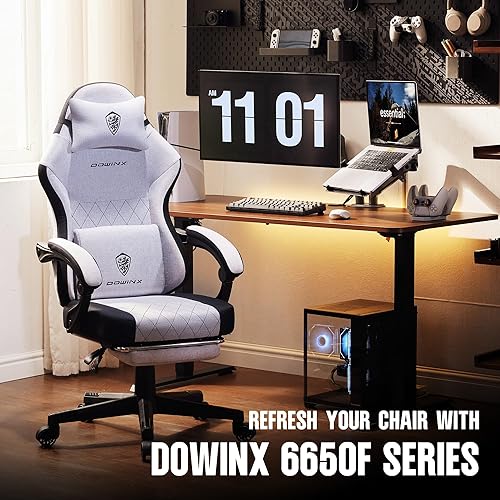 Miniatura 8 de Dowinx Silla de tela para videojuegos, silla ergonómica para computadora con reposapiés y cojín de resorte de bolsillo, silla de videojuegos de