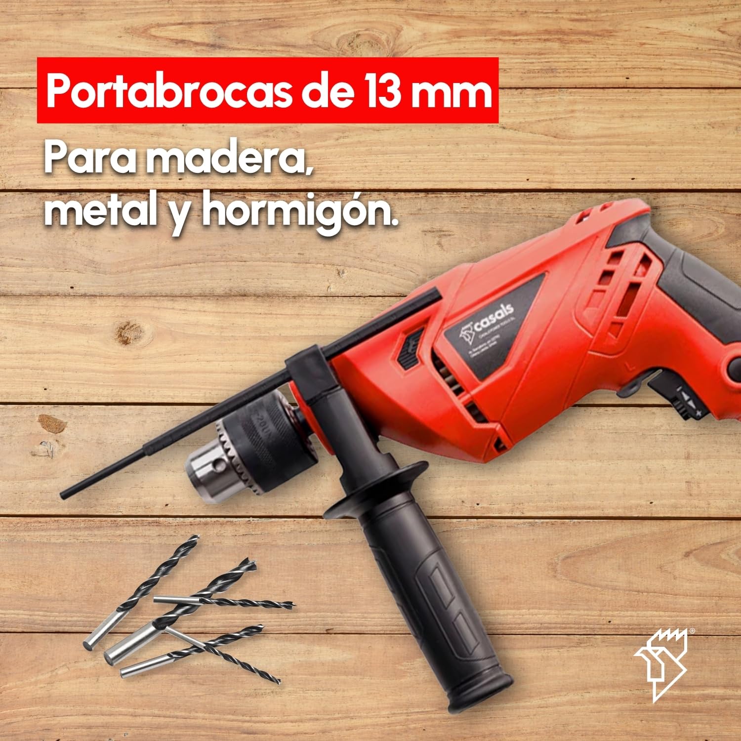 Casals - Taladro Atornillador Percutor 500W | 3000RPM | Portabrocas 13mm | Capacidad Máxima Perforación 10mm Acero / 24mm Madera / 13mm Hormigón | Revestimiento Ergonómico | 1.8m Cable