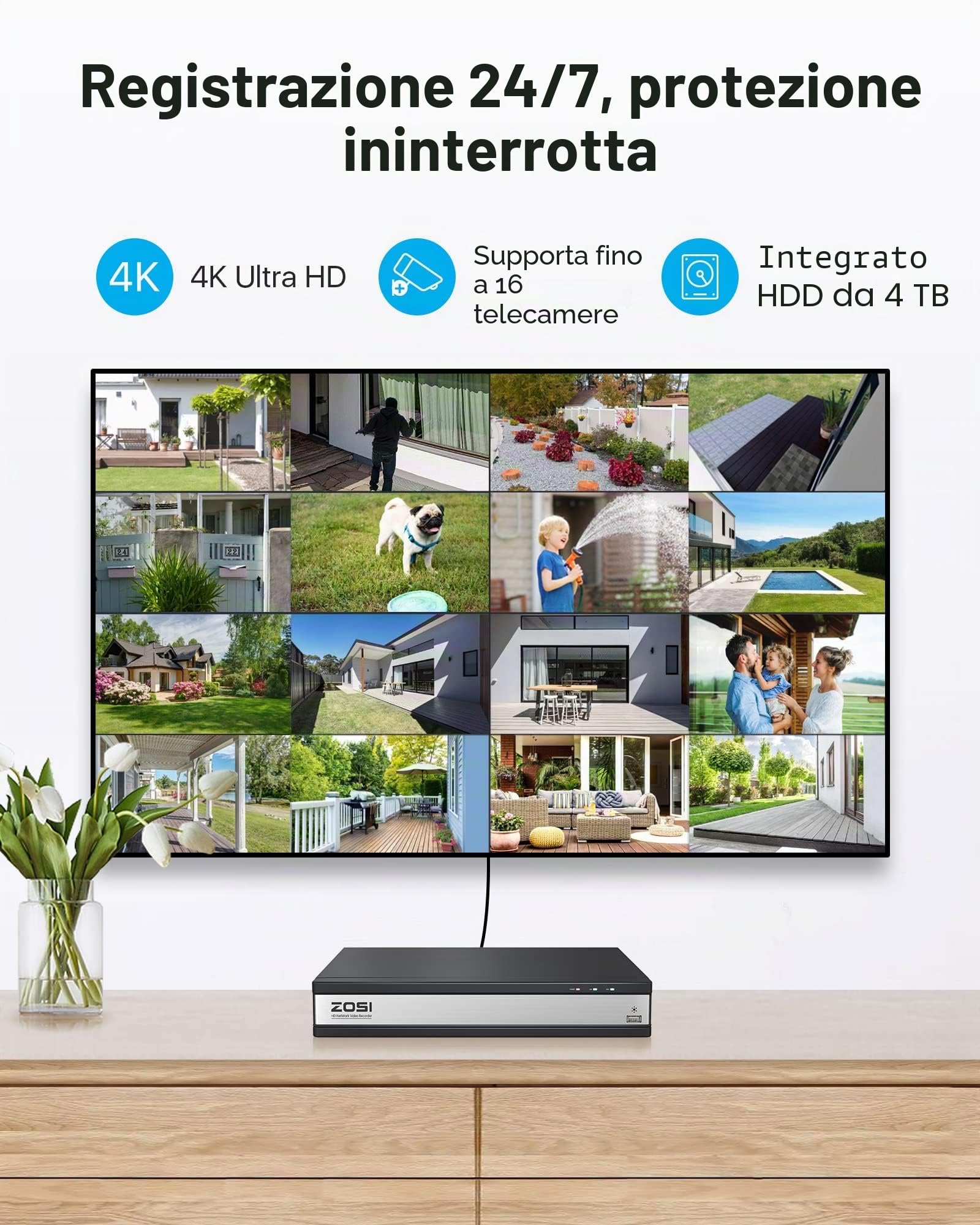 ZOSI 16CH PoE NVR con disco rigido da 4TB Registratore di videosorveglianza per telecamera IP PoE 2MP 5MP 8MP 4K (funziona solo con le telecamere ZOSI)