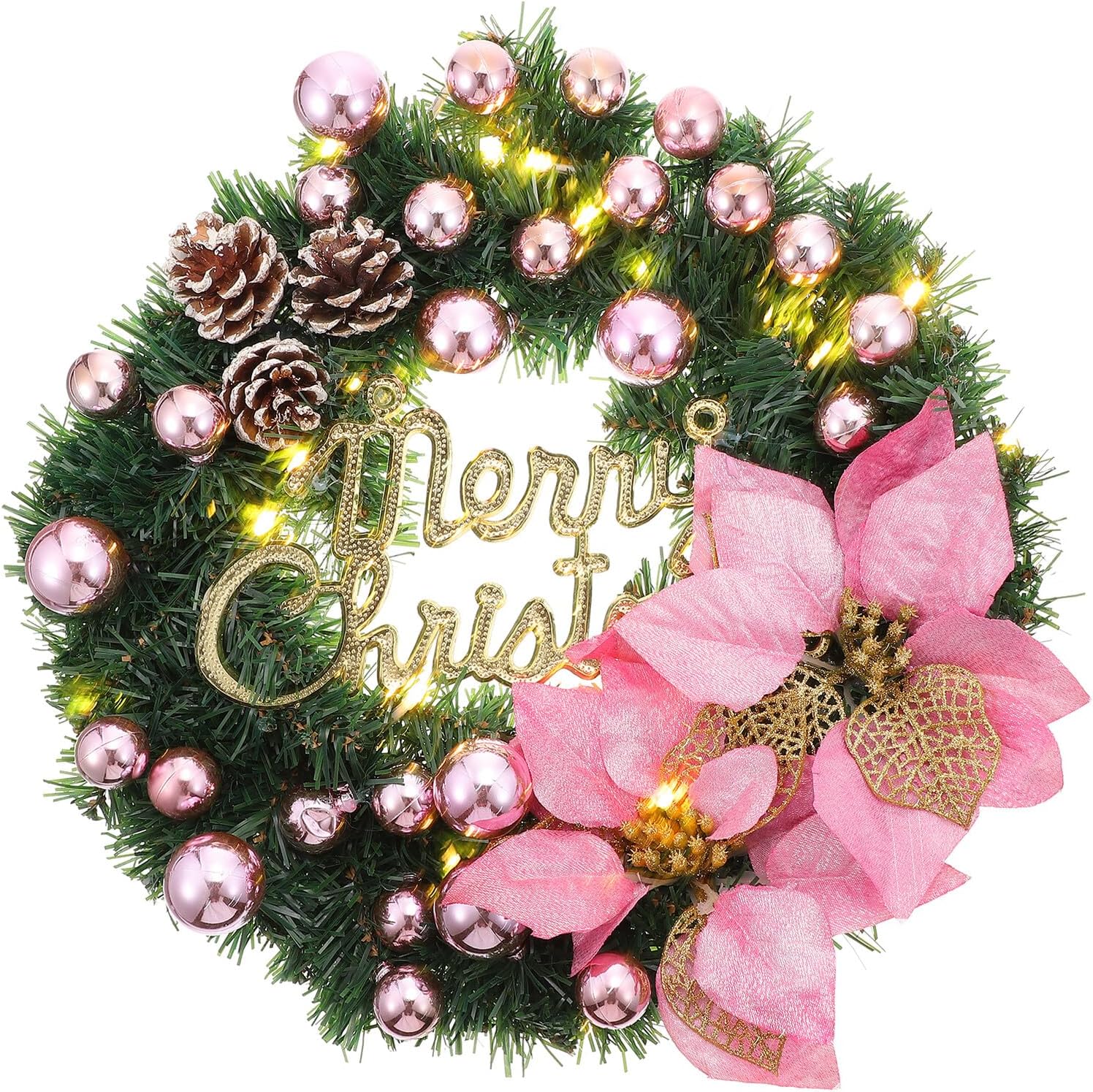 BETOOKY Pink 40cm LED Christmas Lighting Garland Artificial Flower Wreath Hanging Decor Battery Operated Simulation Floral Wreath for Room Bedroom Holiday Party