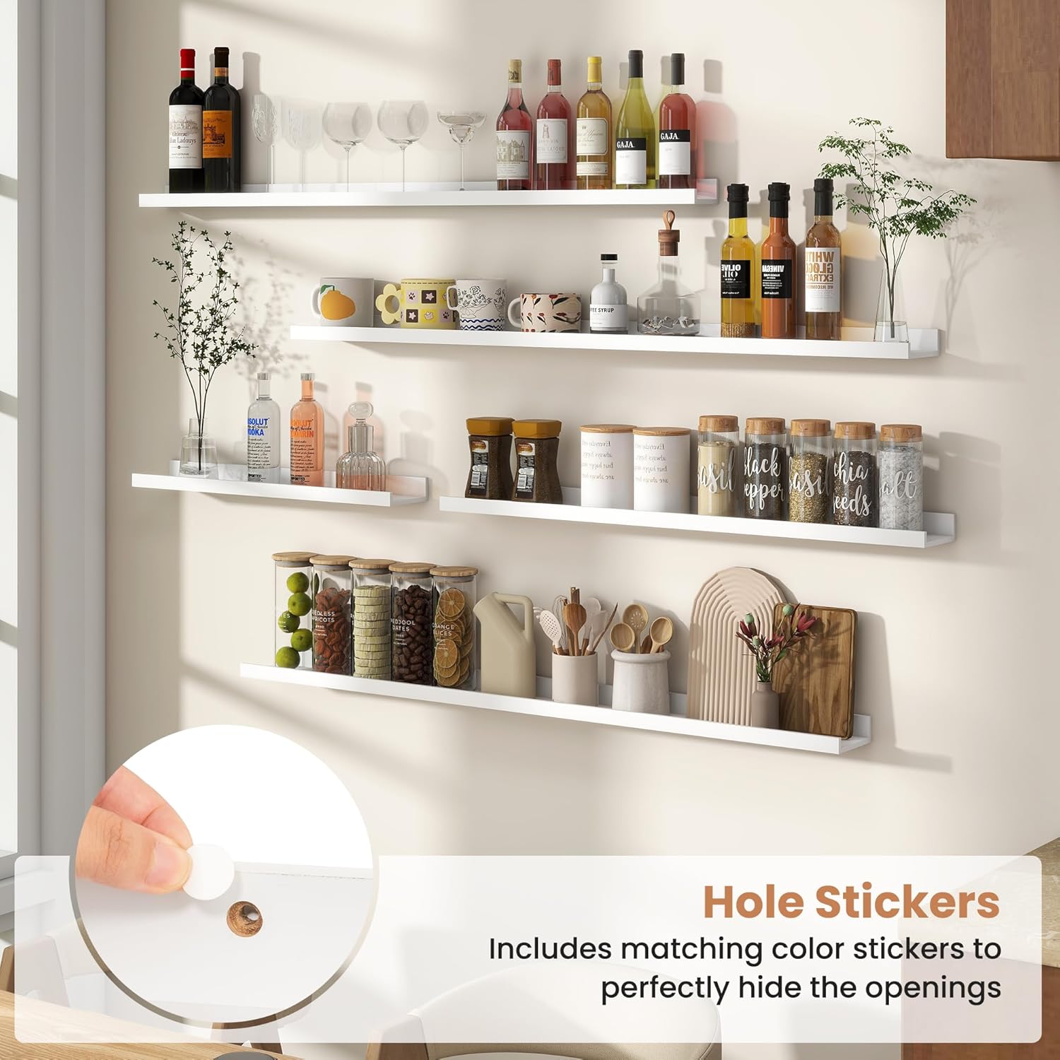 Fun Memories Picture Ledge Shelves Set of 4, 32 Inch Rustic Wall Mounted Floating Shelves with Lip for Home Storage and Décor in Bathroom, Kitchen, Nursery, Bedroom, Living Room, White