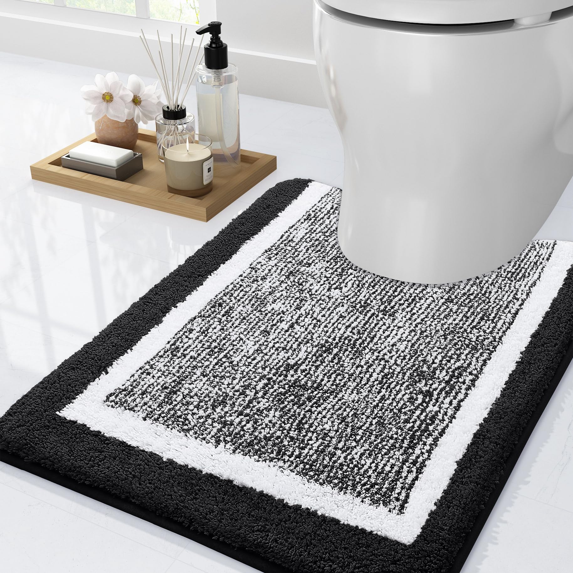 OLANLY Luxury Toilet Rugs U-Shaped 24x20, Extra Soft and Absorbent Microfiber Bathroom Rugs, Non-Slip Plush Toilet Bath Mat, Machine Wash Dry, Contour Bath Rugs for Toilet Base (Black and White)