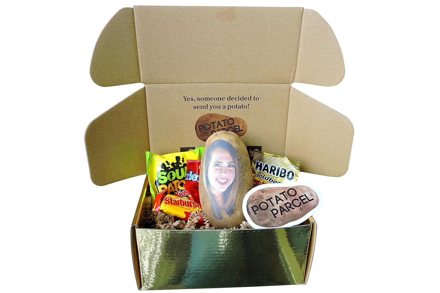 Classy Potato Gift Bundle - Your image and/or message on a real potato! Includes assorted candy and gold surprise gift box. As seen on Shark Tank!