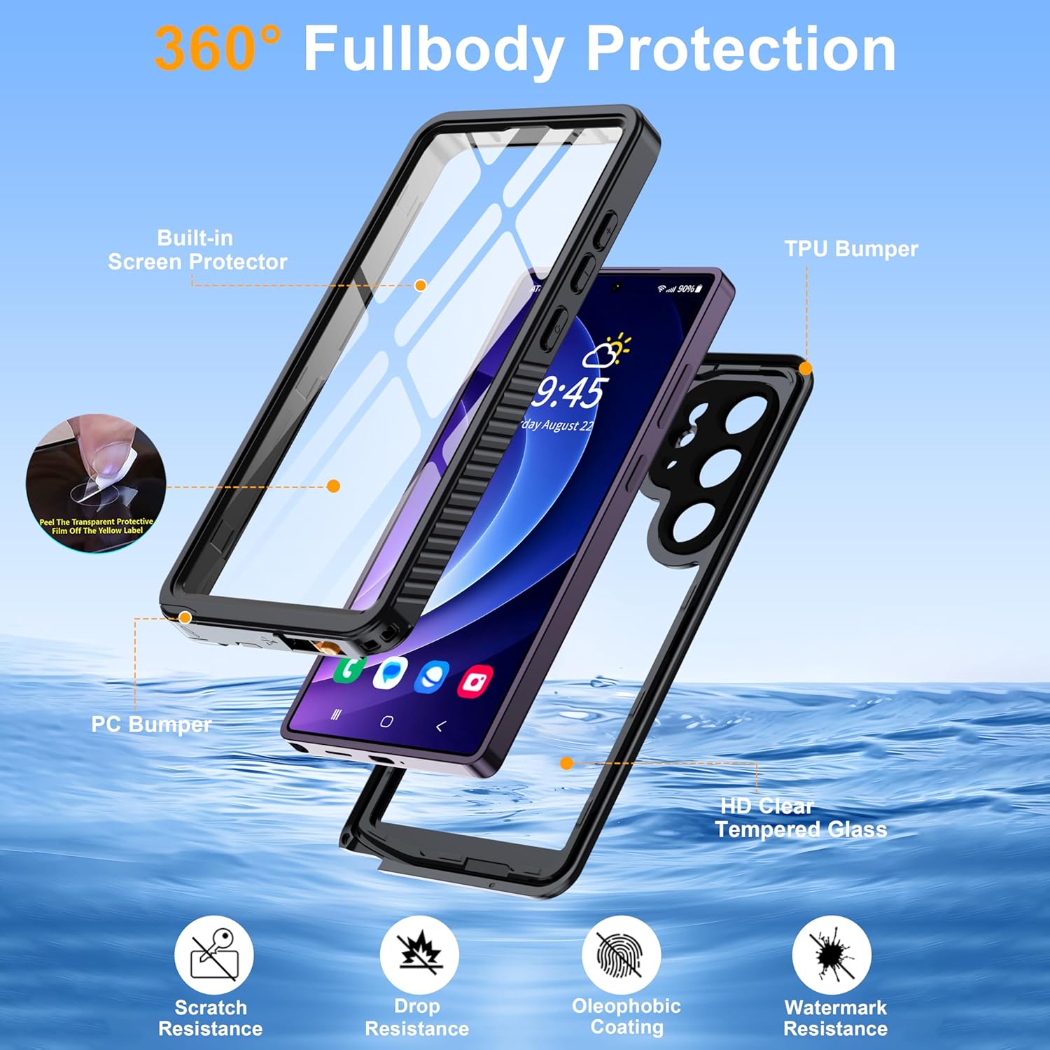 GOLDJU for Samsung Galaxy S25 Ultra Case Waterproof,IP68 Waterproof Dustproof Case with Built-in Screen Protector, Full Body Protective Phone Cover for Galaxy S25 Ultra 6.9 Inch, Black/Clear