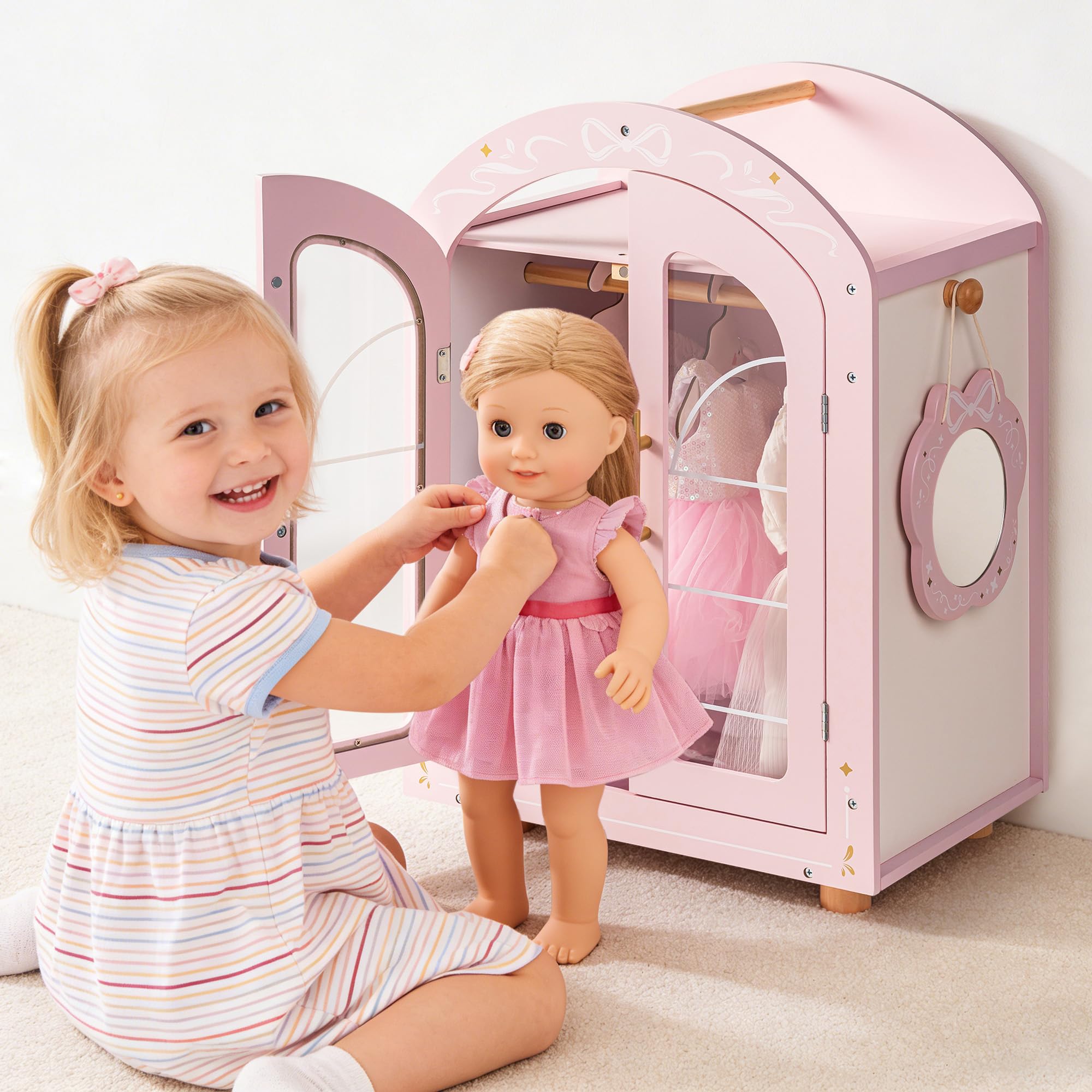 ROBOTIME Holz Puppenschrank für 43-45cm Puppen, Kleiderschrank mit Spiegel & Kleiderbügel, Holz Puppenmöbel mit Klaren Doppeltüren, Ballet Fairy Serie – Rosa