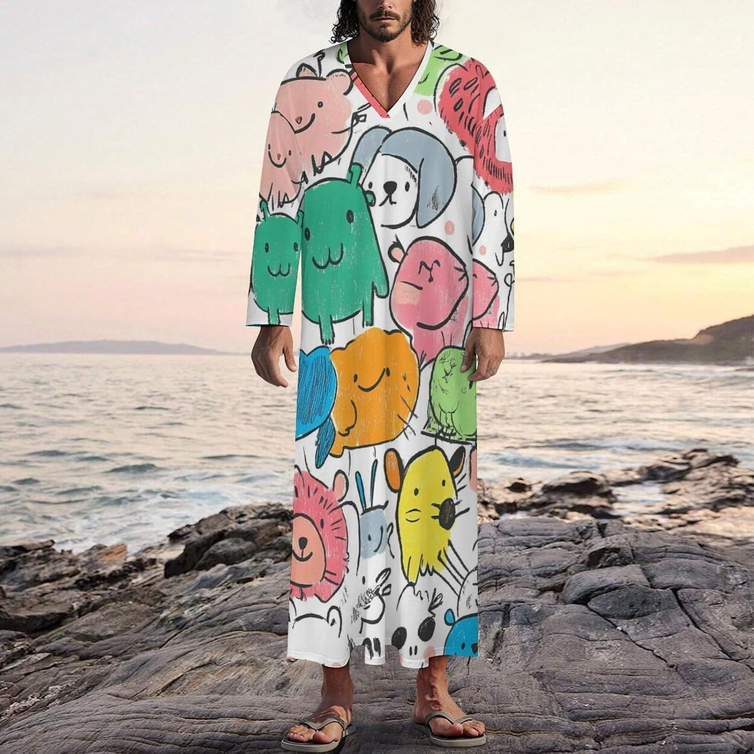 Animal Doodles Bear Rabbits Giraffes Lion Men's Kaftan Thobe V-Neck Robe Long Sleeve Gown Thobe for Home Outings