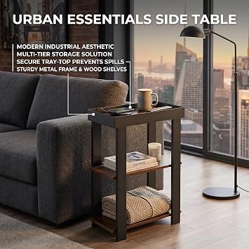 3-Tier Narrow Side Table with Tray Top,Slim Side Table,Rustic Brown