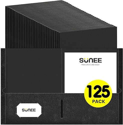 SUNEE Carpetas con bolsillos (paquete de 125, negras), carpetas de 2 bolsillos para papel tamaño carta, carpeta de archivos de papel para escuela,