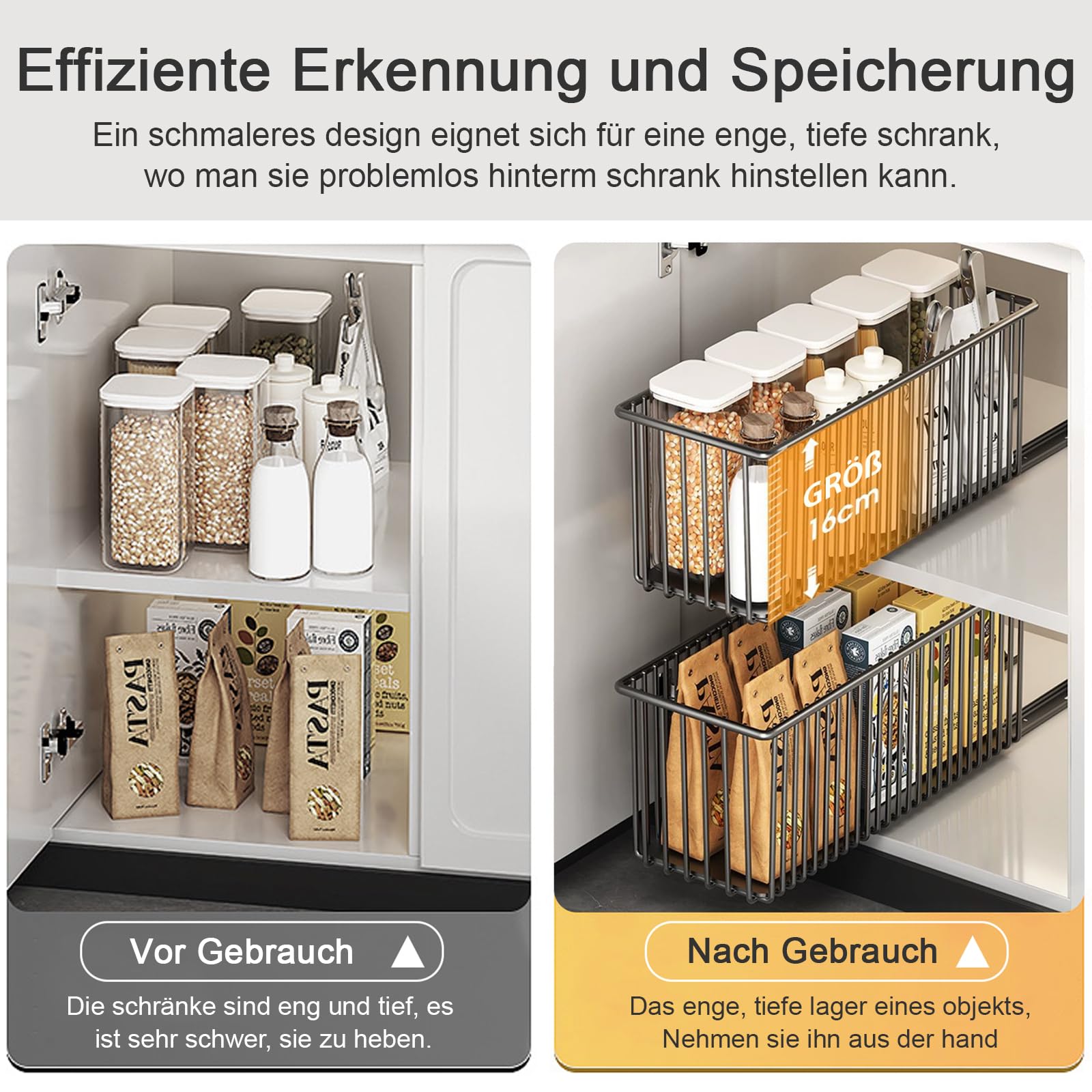 4er-Pack ausziehbare Korbschubladen für Schränke, abnehmbarer Zugkorb, ausziehbare Korbschubladen, Speisekammerorganisation Küche Aufbewahrungsregal Korb für Schrank, Restaurant, Badezimmer