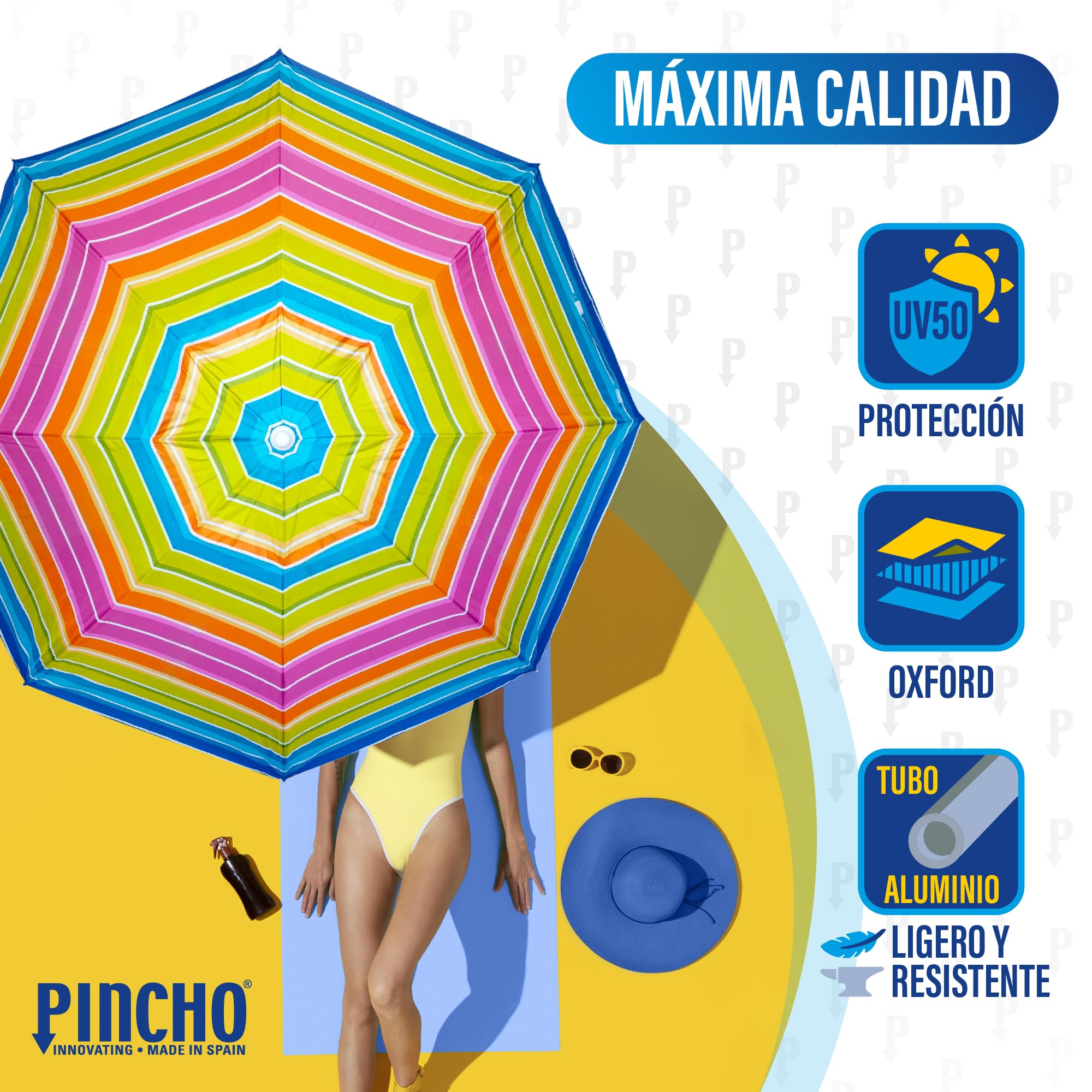 Pincho Grand parasol de plage 200 cm, anti-vent jusqu'à 35 km/h, aluminium, 8 + 8 baleines en fibre de verre, poids 1,6 kg