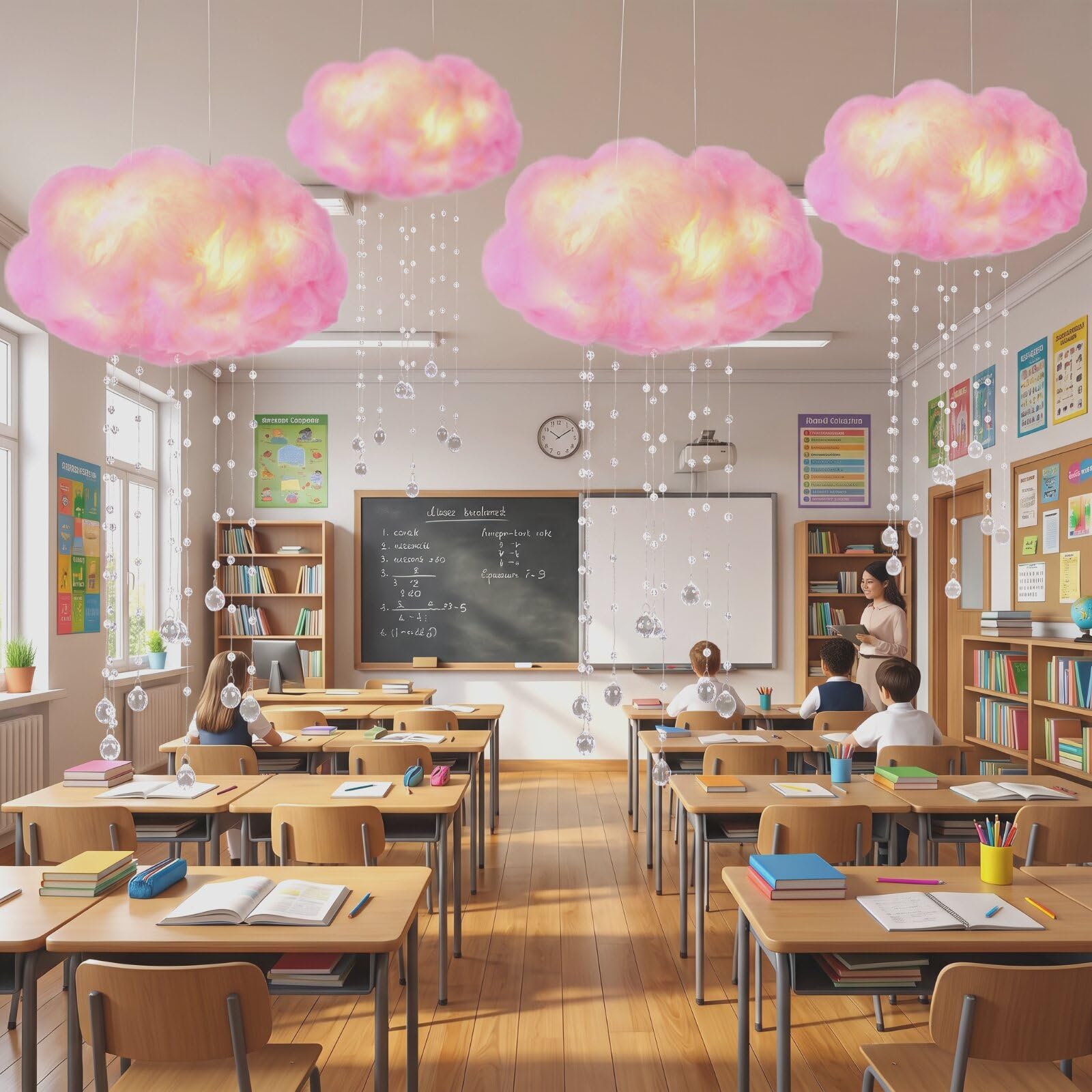 Marsui Künstliche Wolkenrequisiten, LED-Lichterkette, zum Aufhängen, 3D-Baumwolle, Wolke, Klassenzimmer, Schule, Dekoration, Regentropfen für Zimmer, Decke, Babyparty, Party, Hochzeit, Kinderzimmer