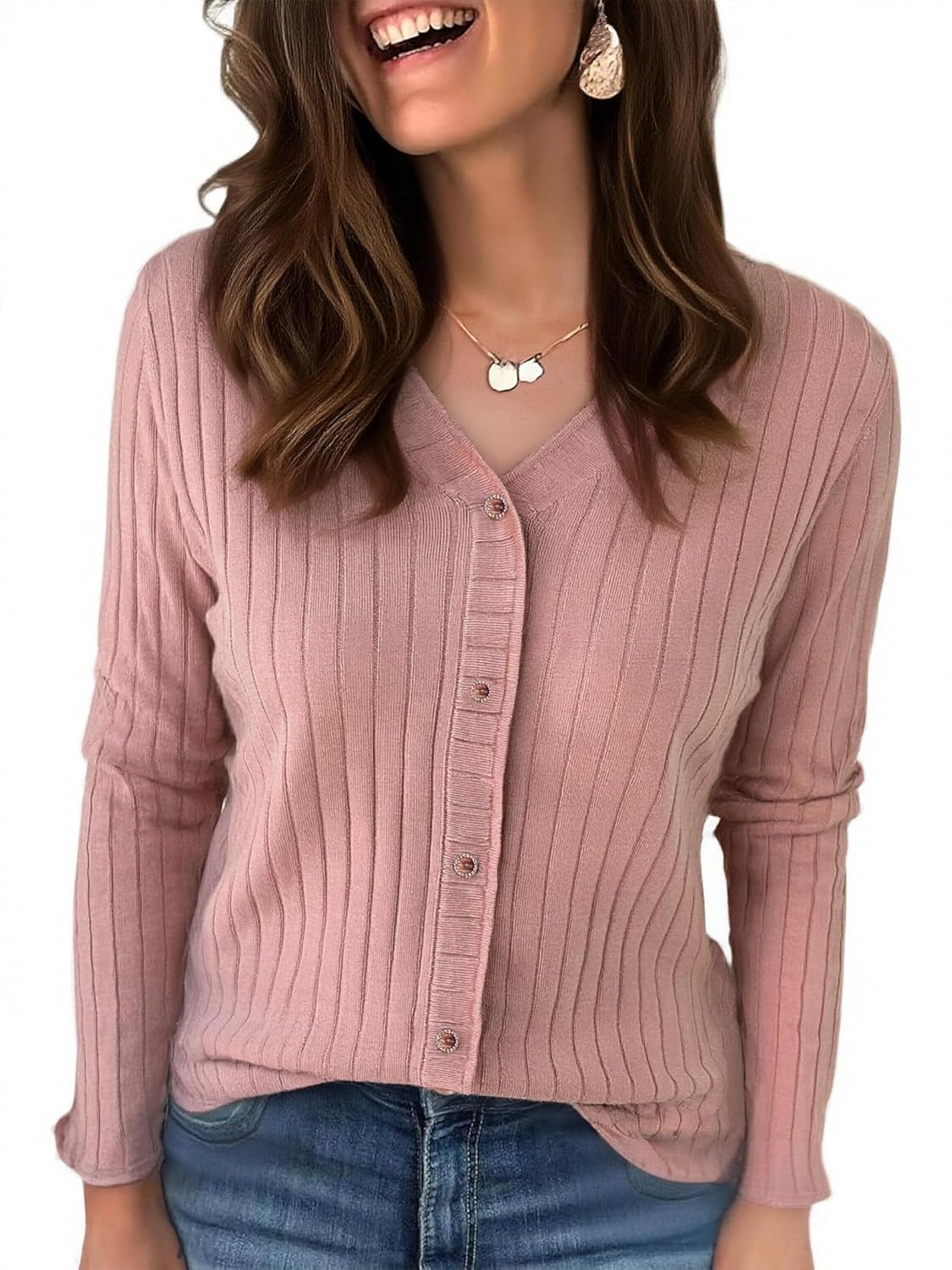Womens Pullover Sweaters V Neck Button Down Long Sleeve Tops Soft Knit Sweater