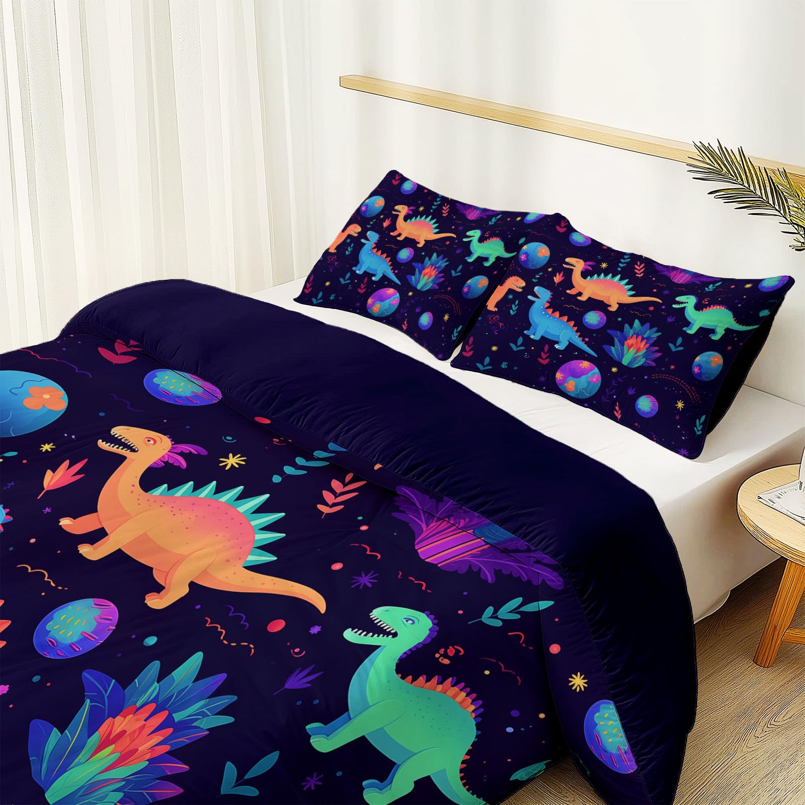 Illustration Fantastique Parure de Lit 140 x 200 cm, Cartoon Univers Dinosaure Étoiles Douce Microfibre Housse De Couette avec Fermeture Éclair et Taies d'oreiller, Violet Foncé