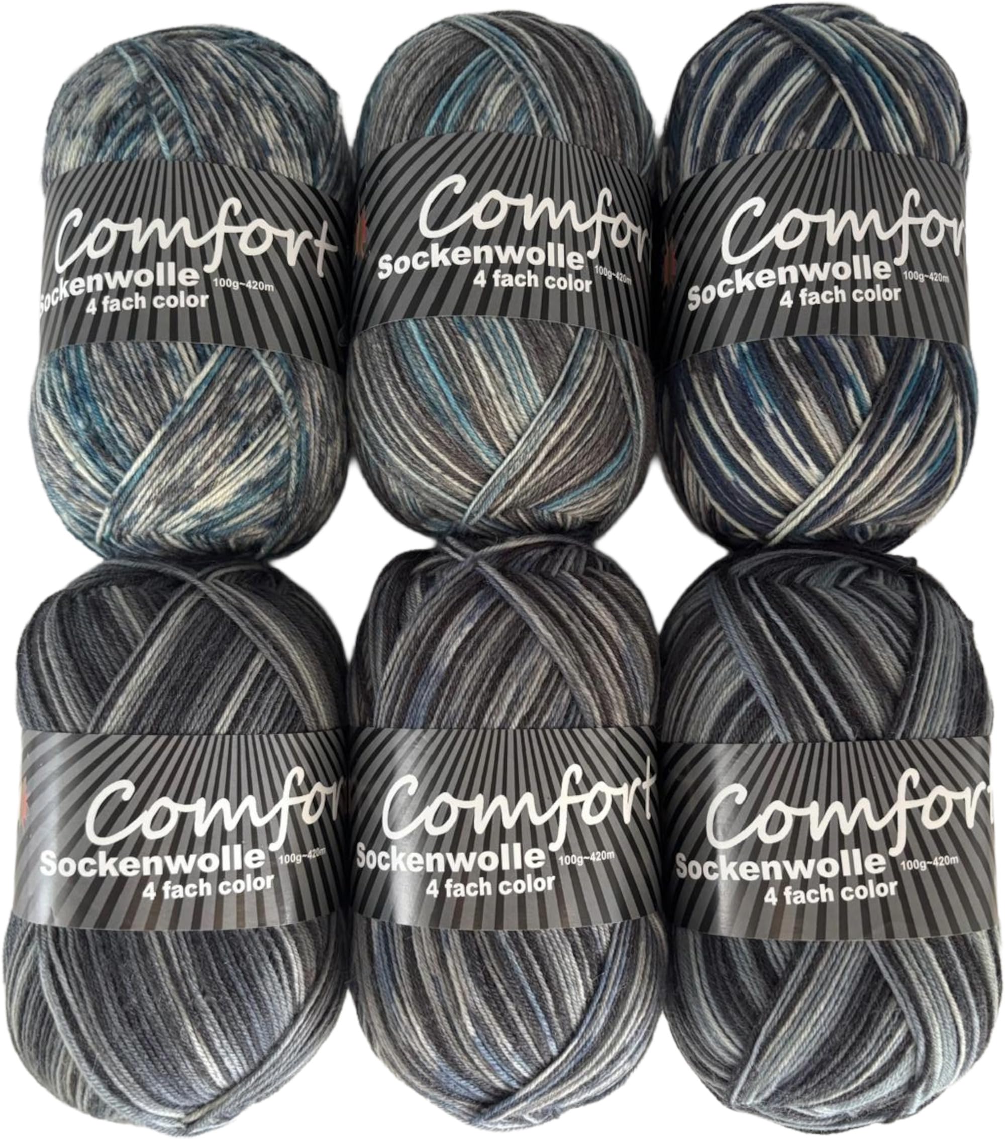 Sockenwolle Comfort Color 4-fädig, 6x100gr, bunter Mix Jeansfarben | Strumpfwolle -Made in Italy - 420m Lauflänge- Nadelstärke 2,5-3,0mm- Muster direkt aus dem Knaul