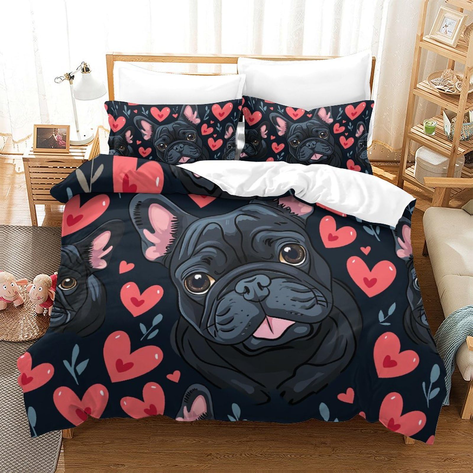 Housse de couette bouledogue français 260x220 parure de lit moderne linge de lit 3 pièces