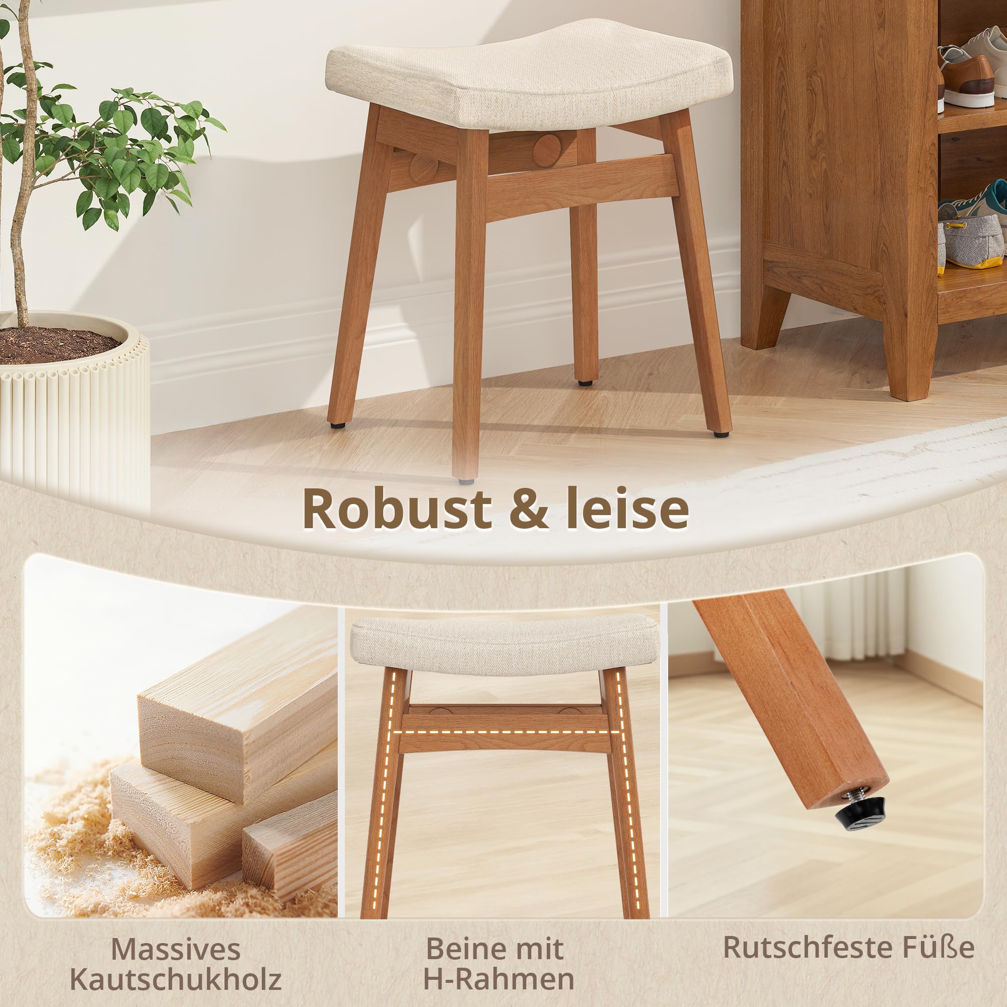 LUE BONA Schminktisch Hocker,Schminkhocker aus Leinen mit Beine aus Holz,Sattelförmiger Make-up Stuhl,Fußhocker stabil bis 136 kg für Schlafzimmer & Ankleidezimmer oder Flur,Natur-Leinen+Walnuss