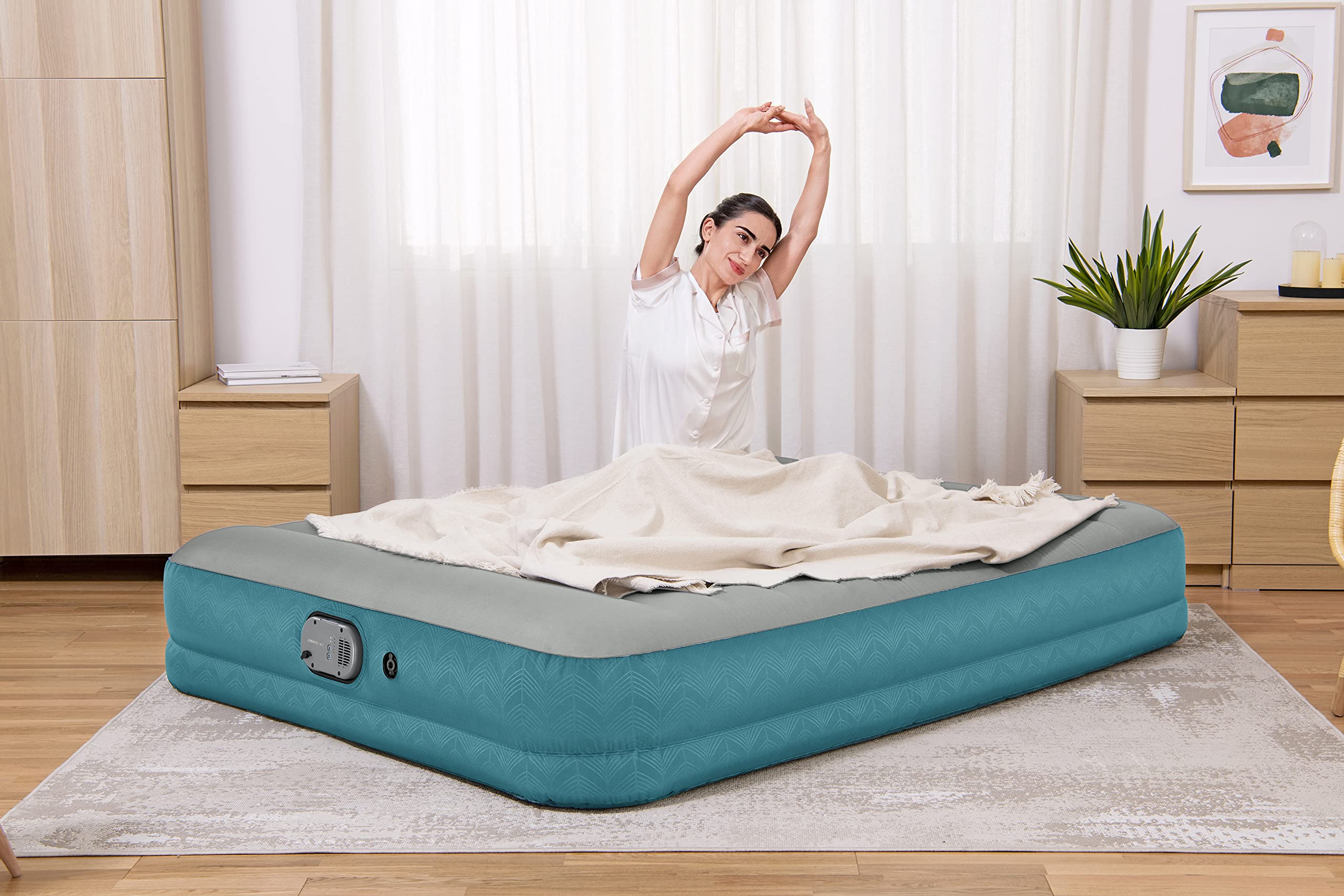 Bestway AlwayzAire Fortech łóżko dmuchane z podwójną pompą zasilaną akumulatorem, Double XL/Lo, 203 x 152 x 36 cm, turkusowe