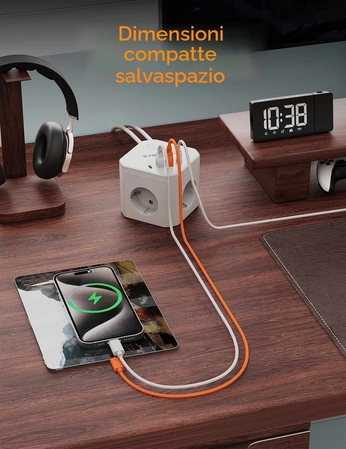 Ciabatta Elettrica 8-in-1 con USB-C Ricarica Rapida 20W e Protezione Sovratensioni, 4 Prese con Interruttore, 3680W, Cavo Prolunga 2m, Per Casa, Ufficio e Viaggi
