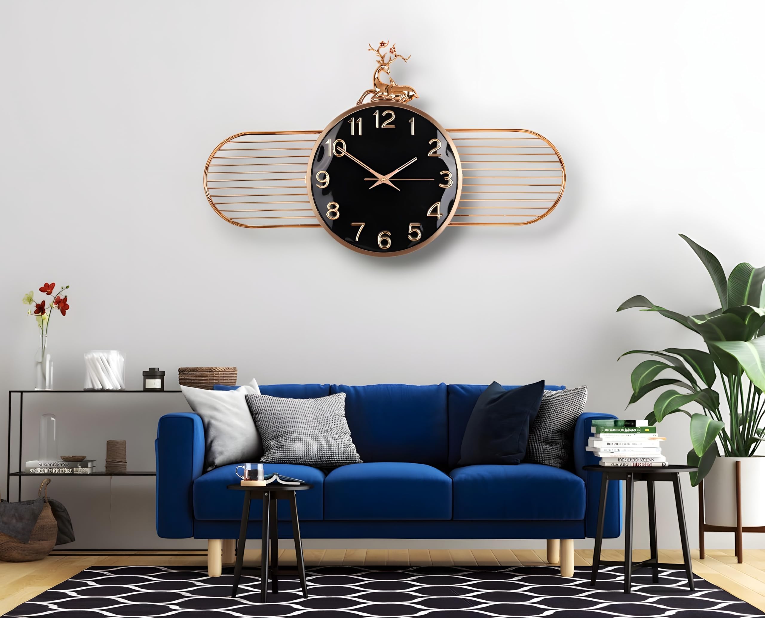 Silent Stylish Latest Decorative Designer Horizontal Reindeer Wall Clock Watch Big Wall Clock for Living Room Bedroom Home Decor Wall Decoration Gift (85 x 50 cm) DC3453 (Black)-image-11