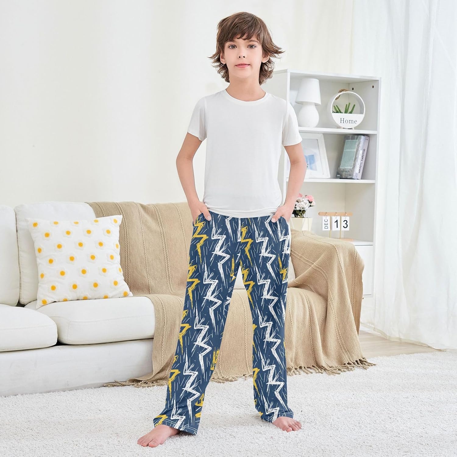 Yellow White Lightning Pajama Lounge Pants Long Pajama Bottoms Sleepwear with Pockets Elastic Waist for Christmas