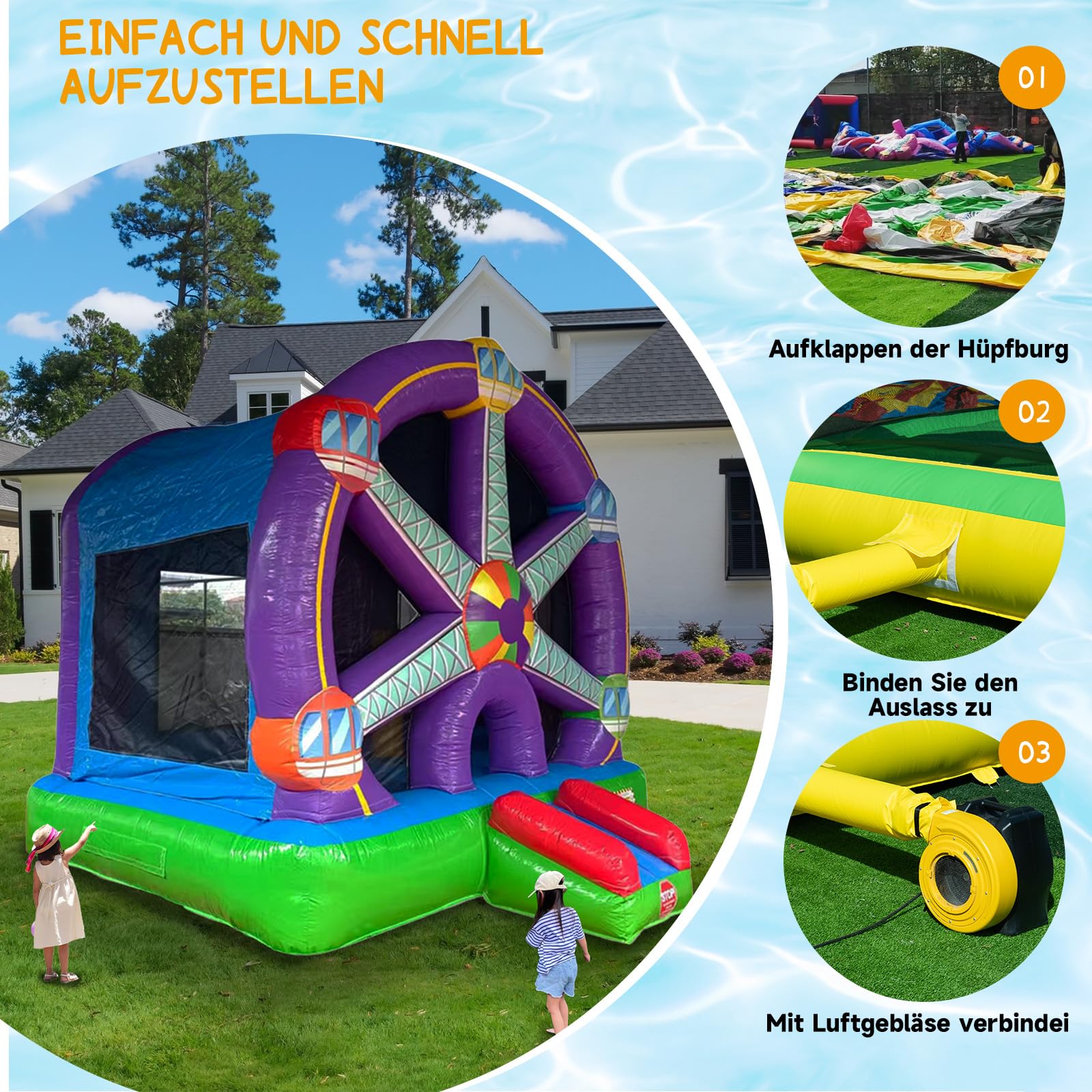 Profi Hüpfburg Riesenrad Thema 4,3x4m mit Rutsche & Gebläse 0,55mm PVC Spielhaus für 5-6 Kinder – Aufblasbares Event-Trampolin im Jahrmarkt-Design für Gärten Betonflächen und Rasenflächen