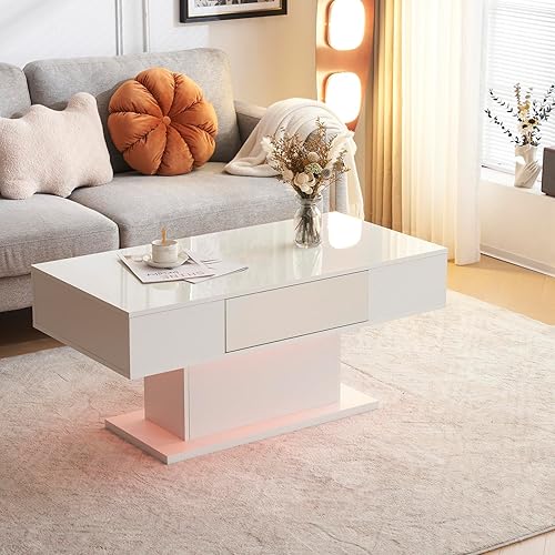 Miniatura 8 de Karl home Mesas de centro LED para sala de estar, mesas centrales modernas con almacenamiento, mesas de sala de estar de alto brillo con 1 cajón,