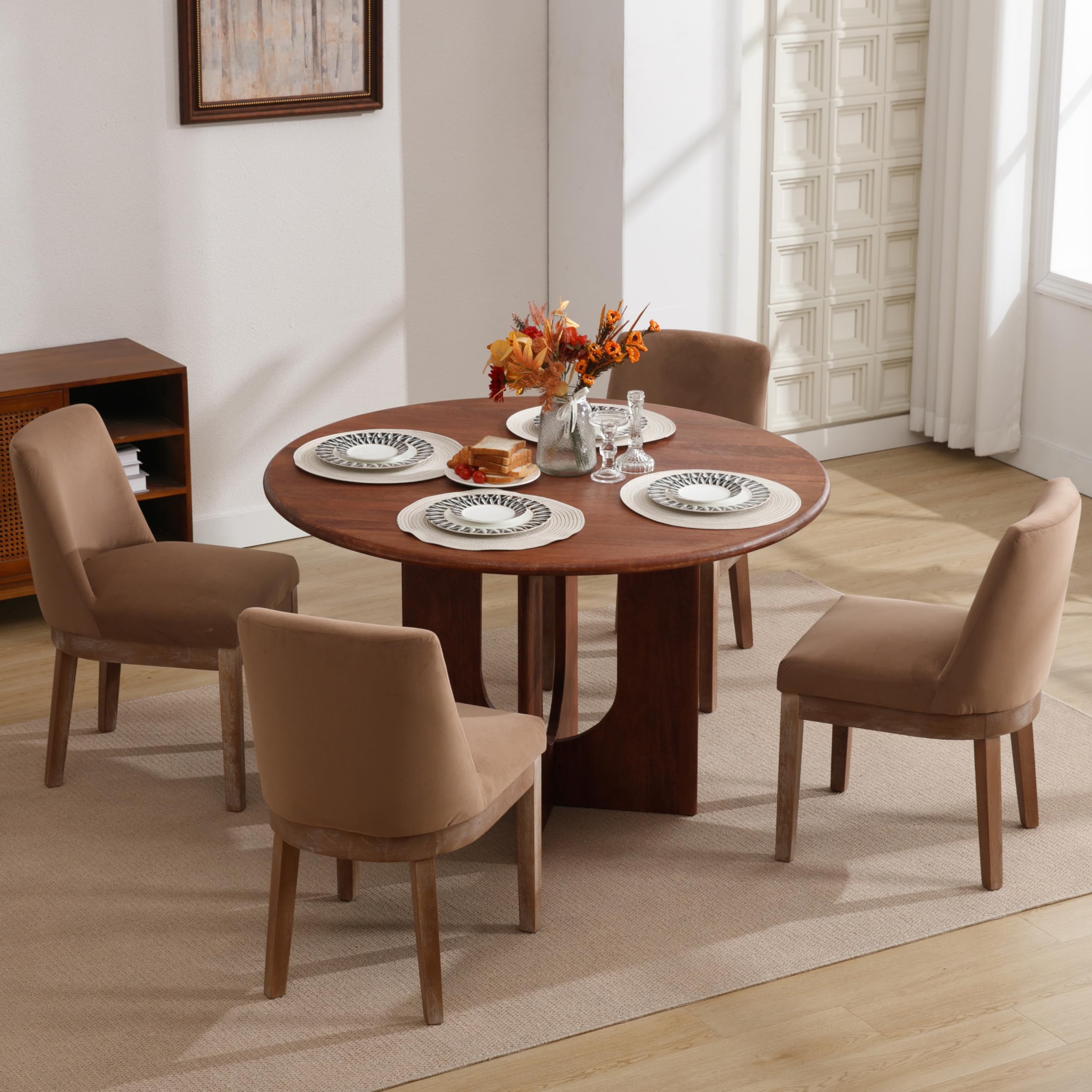 Upholstered Dining Chairs Set of 6 Linen Fabric Farmhouse Hardwood Frame Khaki image 4