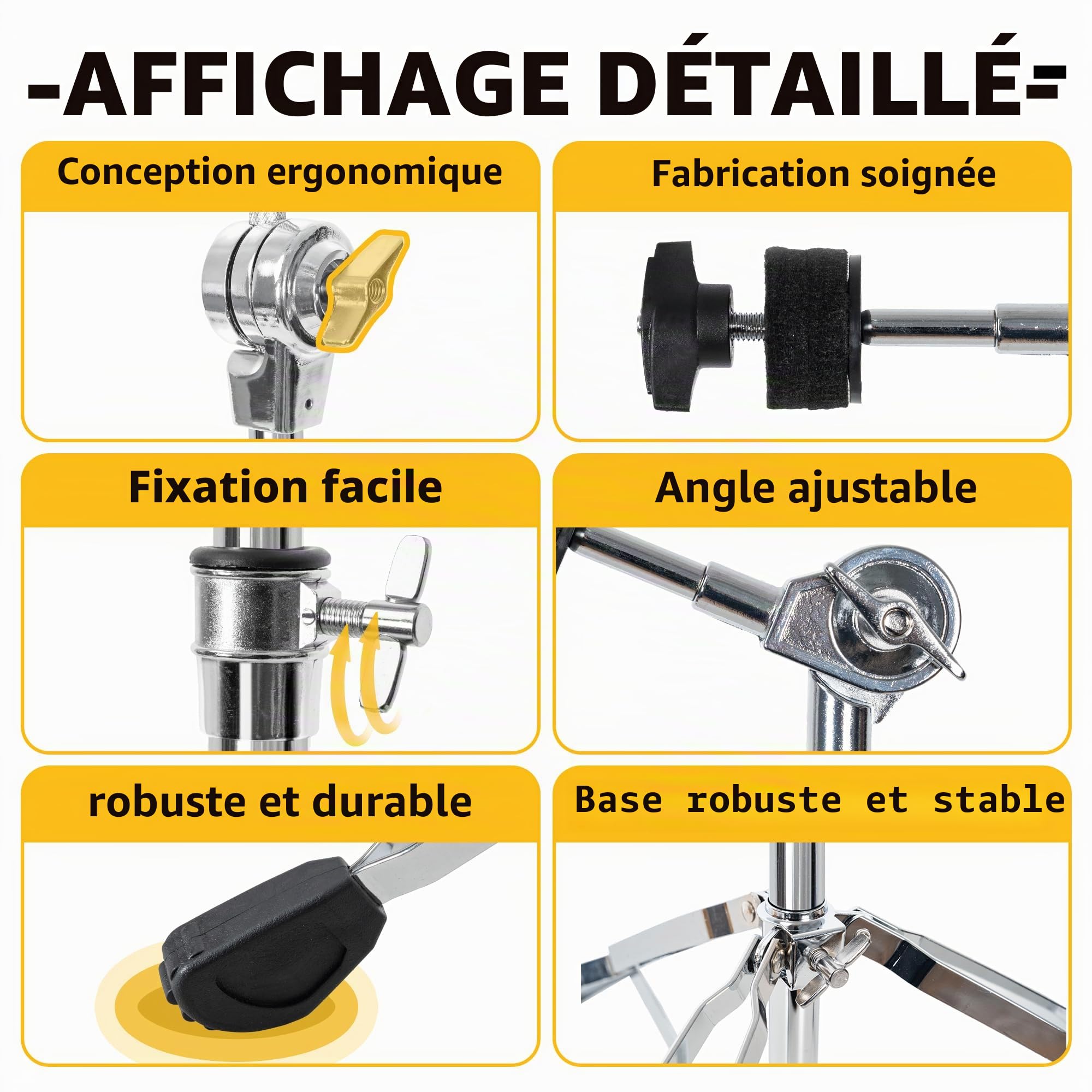 AKOZLIN Support de cymbale à balancier,support de basse avec crochets | réglable de 84 à 115 cm trépied double renforcé, chromé