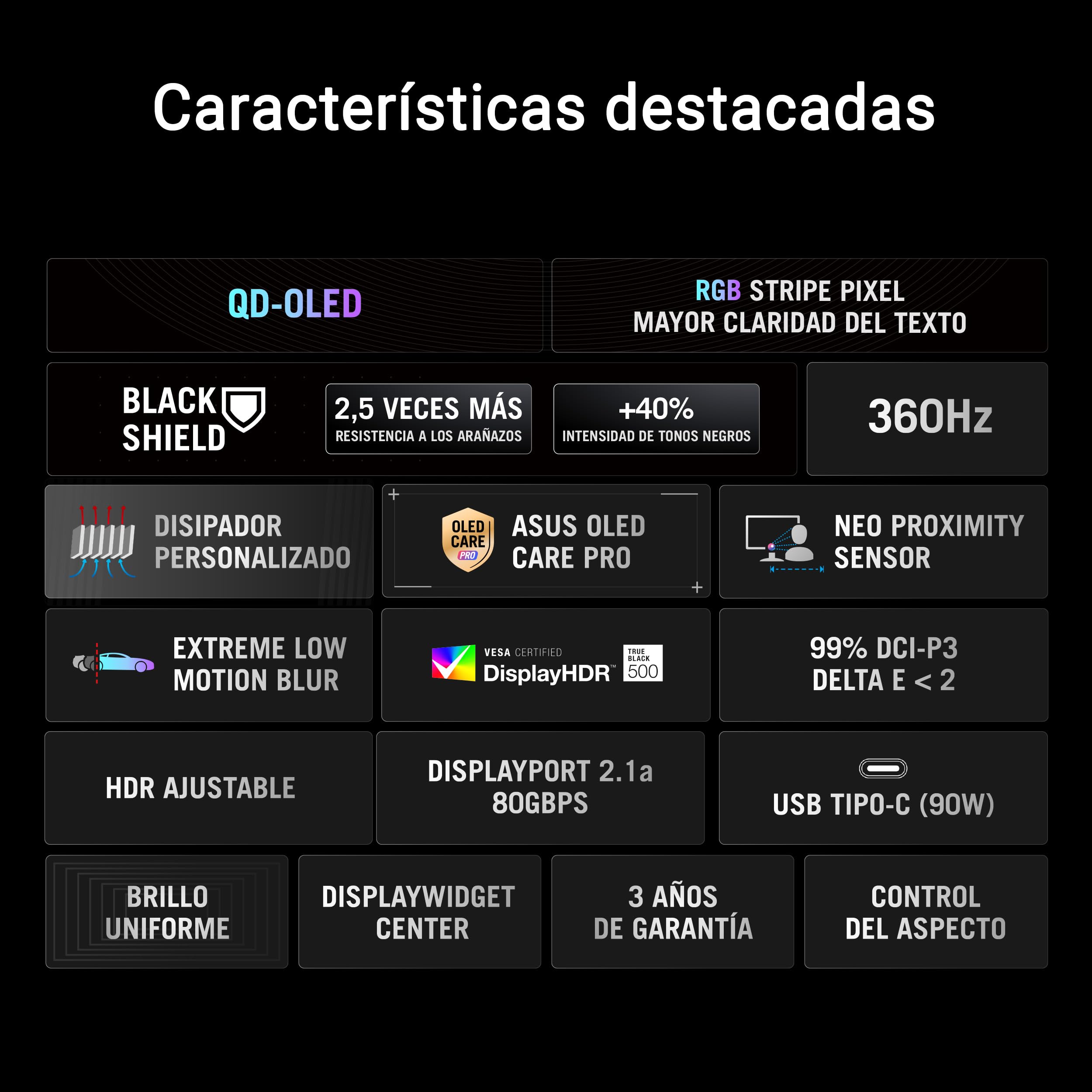ASUS ROG Swift OLED PG34WCDN - Monitor Gaming QD-OLED de 34" con película BlackShield, 360Hz, 0,03ms, G-Sync, Neo Proximity Sensor, DisplayHDR 500 True Black, DP 2.1a, HDMI 2.1 y USB-C