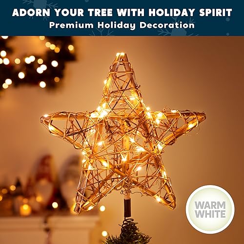 Miniatura 2 de Joiedomi Decoración para árbol de Navidad, decoración rústica de ratán con estrella iluminada con 50 luces LED para decoración de árbol de Navidad,