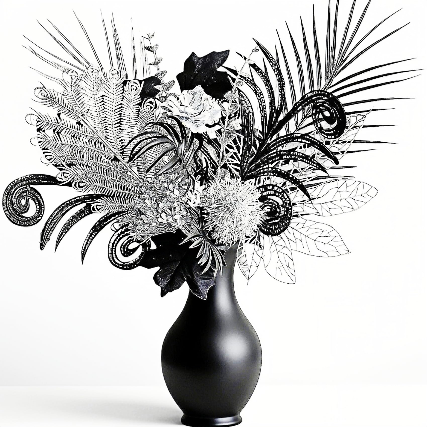 Luxurious Black Silver Artificial Flowers，17-Inch Modern Gothic Bouquet