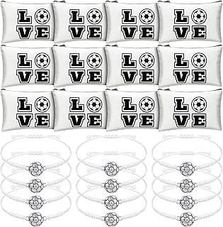 24 Pcs Soccer Gifts 12 Pcs Soccer Makeup Bag 12 Pcs Adjustable Soccer Bracelet Soccer Accessories Gifts for Boys Girls Team Players Soccer Birthday Party Favors Supplies Travel Soccer Charms