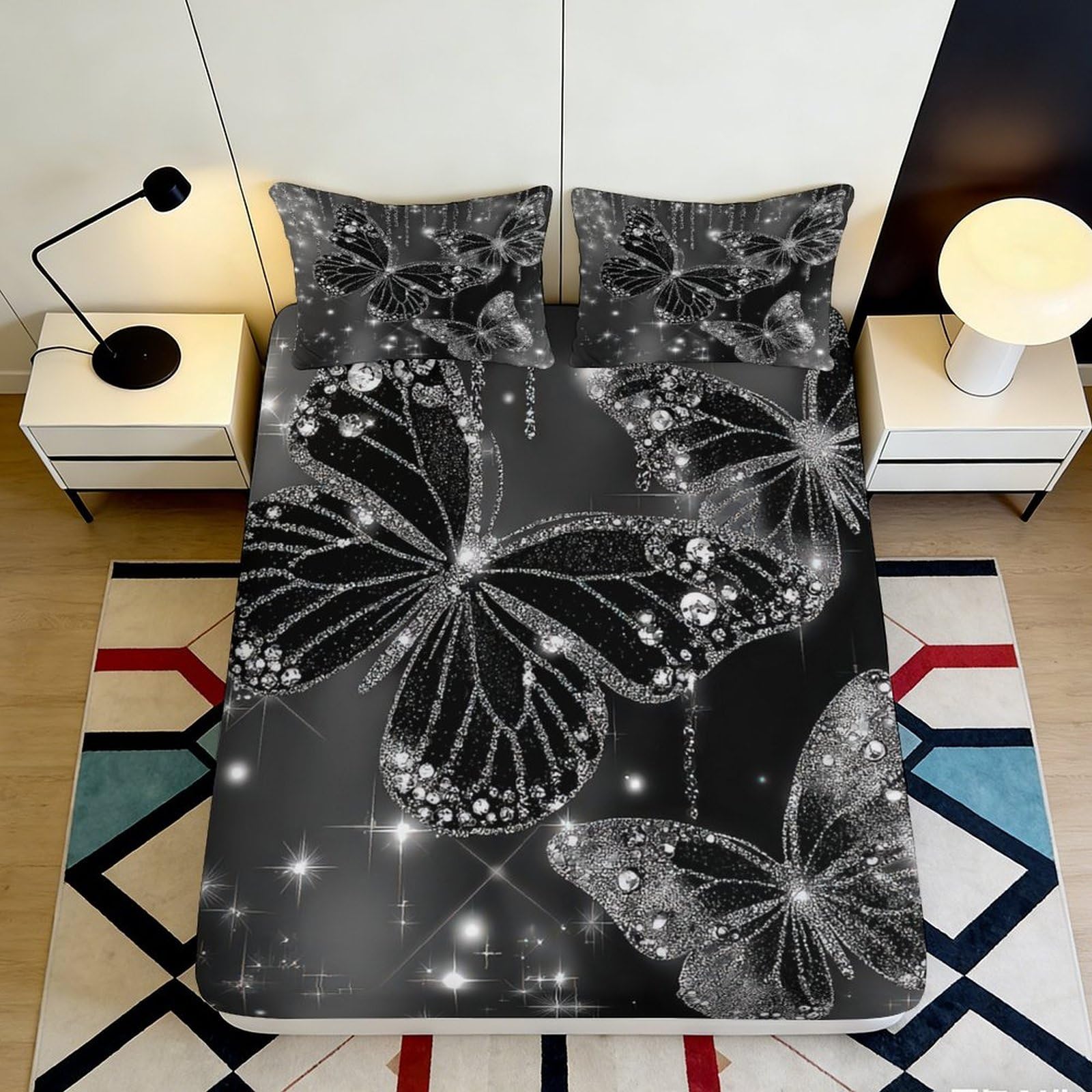 3D Printed Black Butterfly Fitted Sheet Microfiber Non-Slip Bed Sheet Glitter Decor Bedroom Dorm Mattress Cover 90x200x25cm