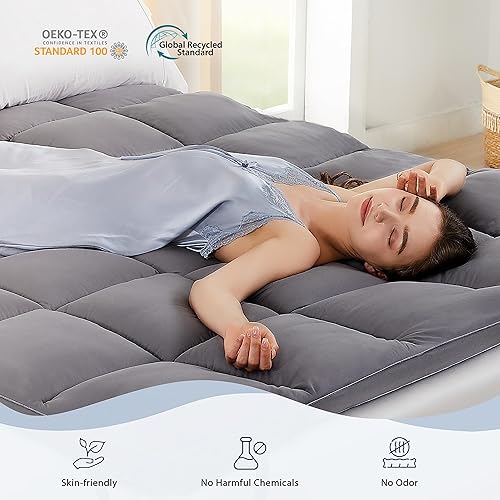 Miniatura 4 de Cubrecolchón King  Almohada refrescante tamaño superior extra gruesa de felpa para cama de plumón alternativo relleno suave para dolor de espalda,