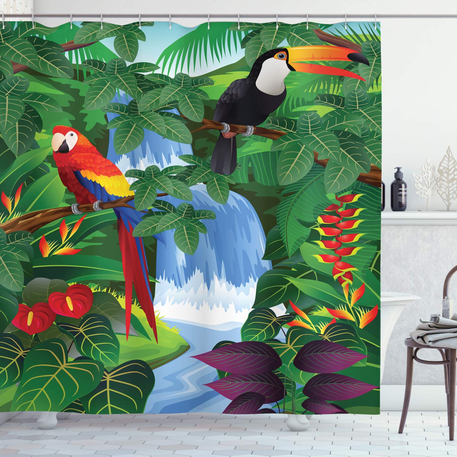 Lunarable Tropical Shower Curtain, Macaw and Toucan Perching on Branches Exotic Wildlife of American Rainforests, Cloth Fabric Bathroom Decor Set with Hooks, 75" Long, Green Multicolor