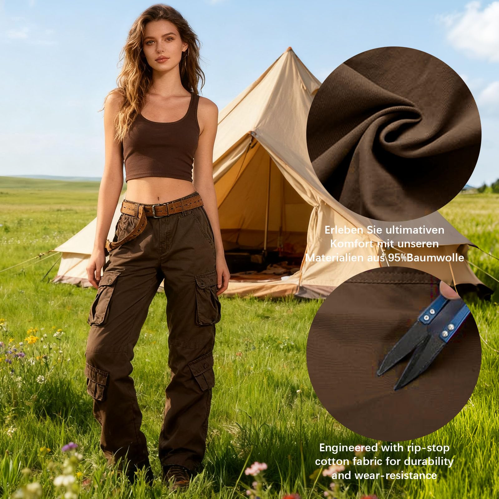 Damen Hosen Cargo Hose Multi Taschen Wanderhose Workwear Reißverschluss Armee Militär Outdoorhose Relaxed-Fit Trekkinghose Cargohose
