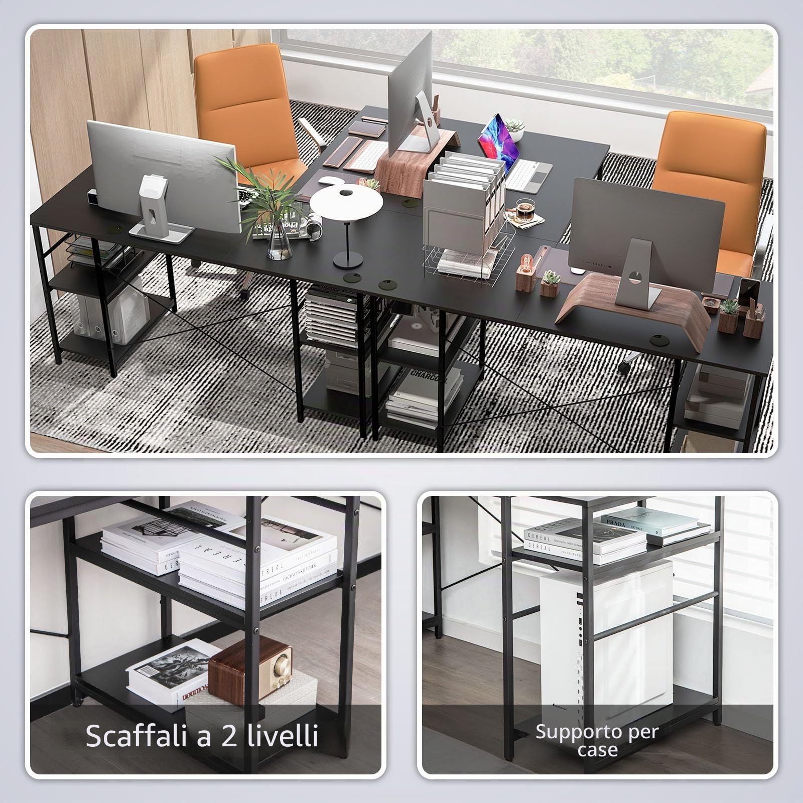 LIFEZEAL Scrivania Angolare a Forma di L, Scrivania Reversibile ad Angolo, Scrivania Lunga, Porta 2-3 Computer, 4 Ripiani, Telaio in Acciaio, Postazione di Lavoro, Ufficio, Studio, Max 180 kg, Nero
