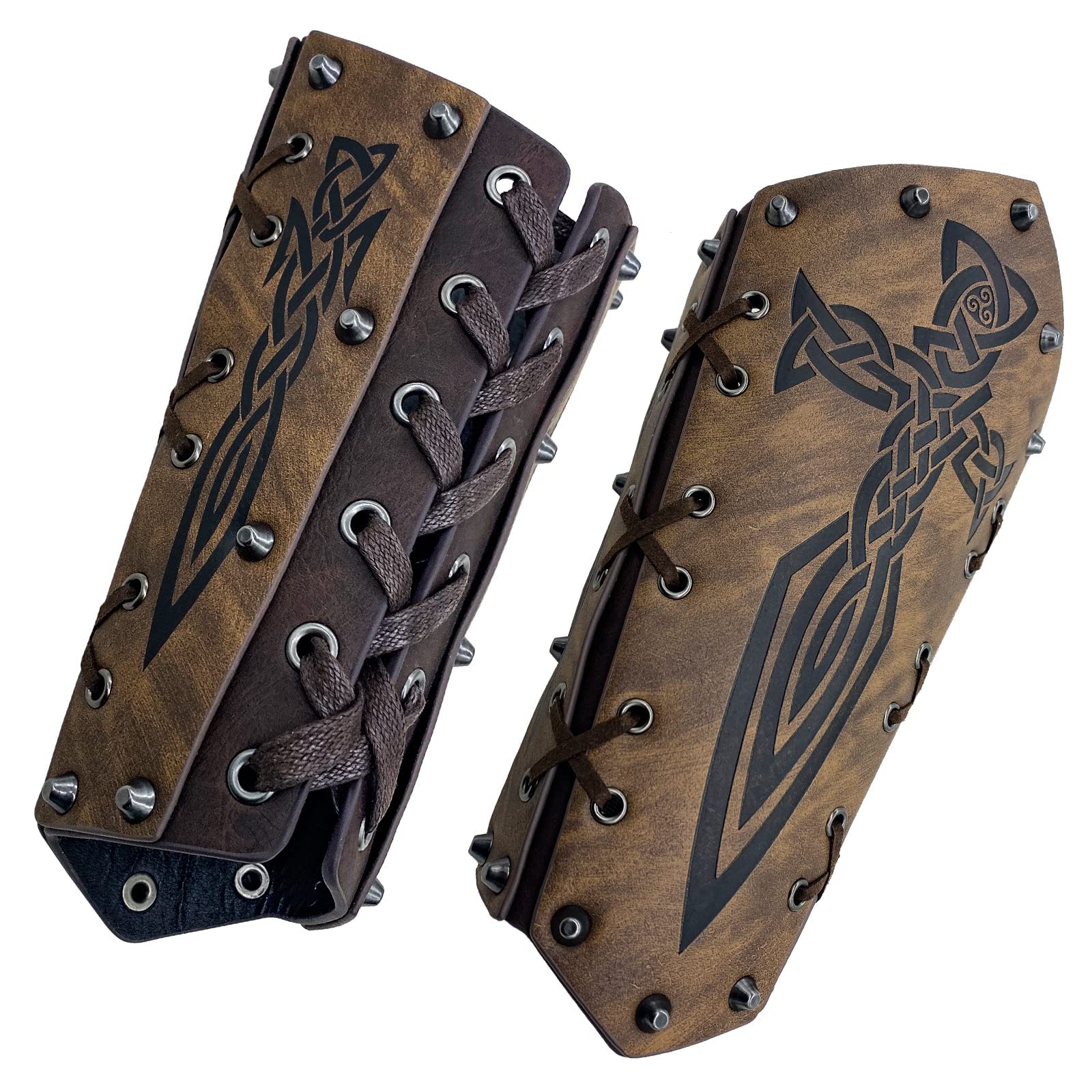 Hiifeuer Unisex Brown B Medieval Embossed Arm Bracers, Retro Faux Leather Knight Arm Gauntlets, Vintage Arm Guards(Brown B)