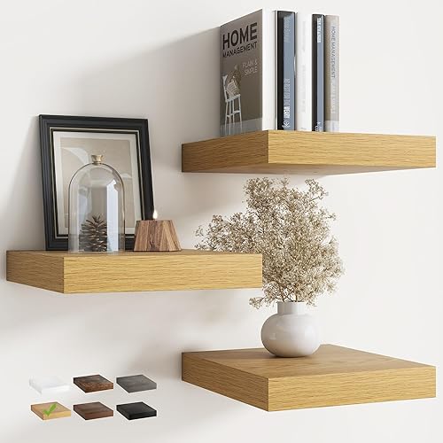 Miniatura 40 de Estantes flotantes para pared con soportes invisibles, estantes de madera de ingeniería montados en la pared con grano de madera para sala de estar,